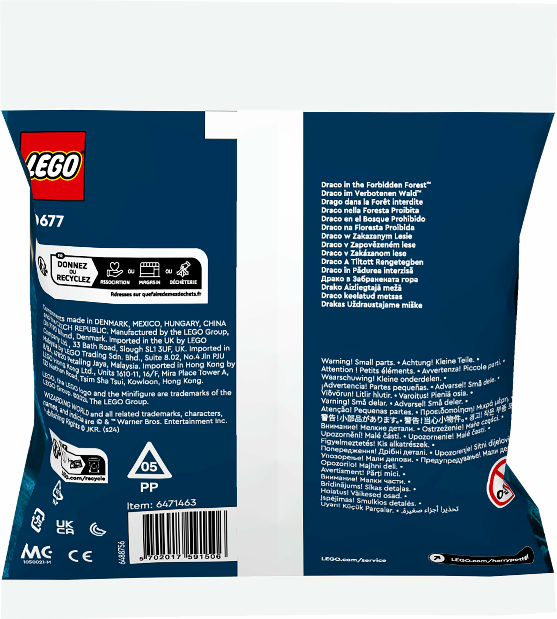 Ein LEGO Beutel mit Text und kleinen LEGO-Teilen darin.