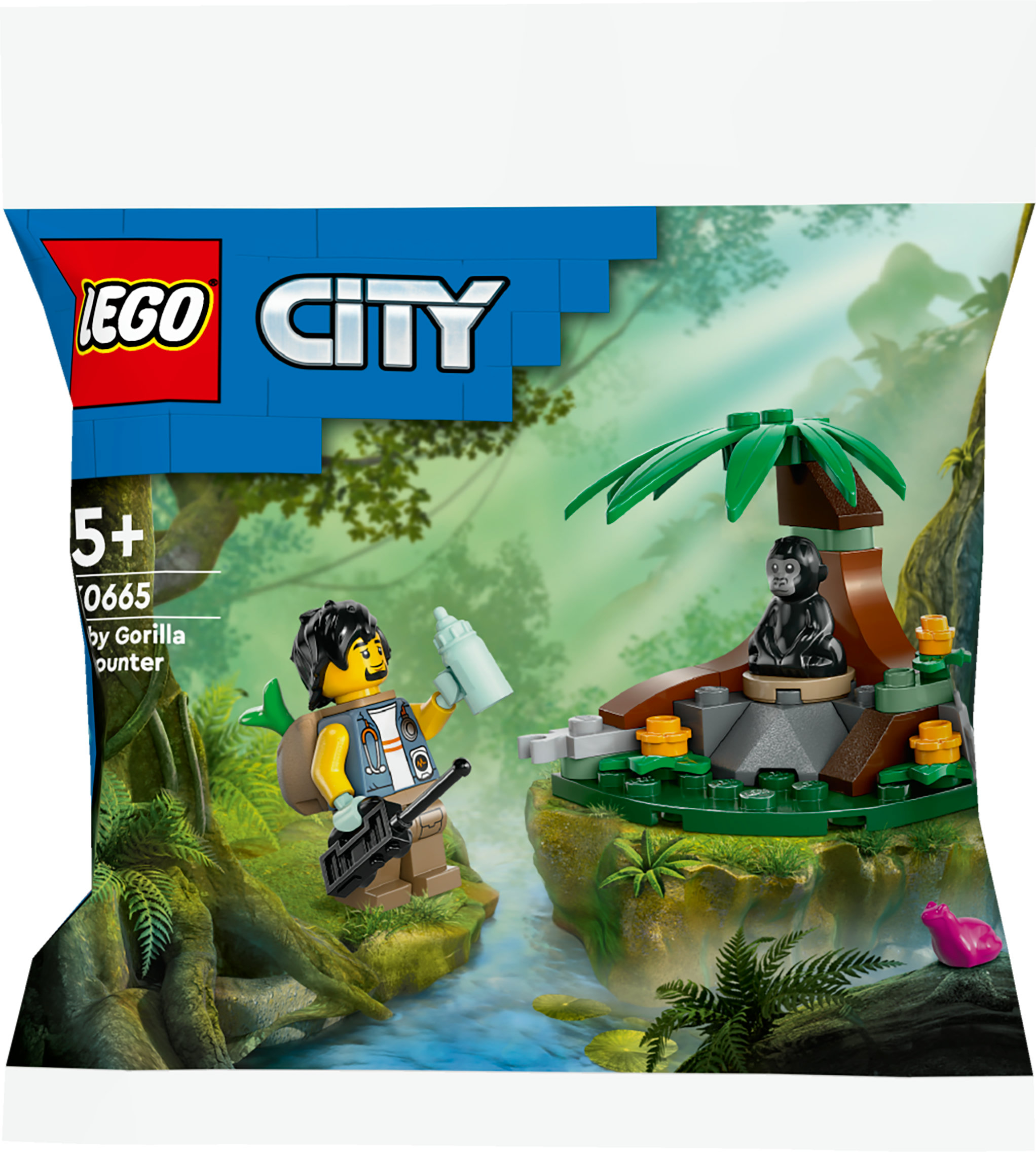 LEGO City Set-Beutel mit Dschungelszene. Eine Minifigur mit Gorilla und Babygorilla ist vorhanden.
