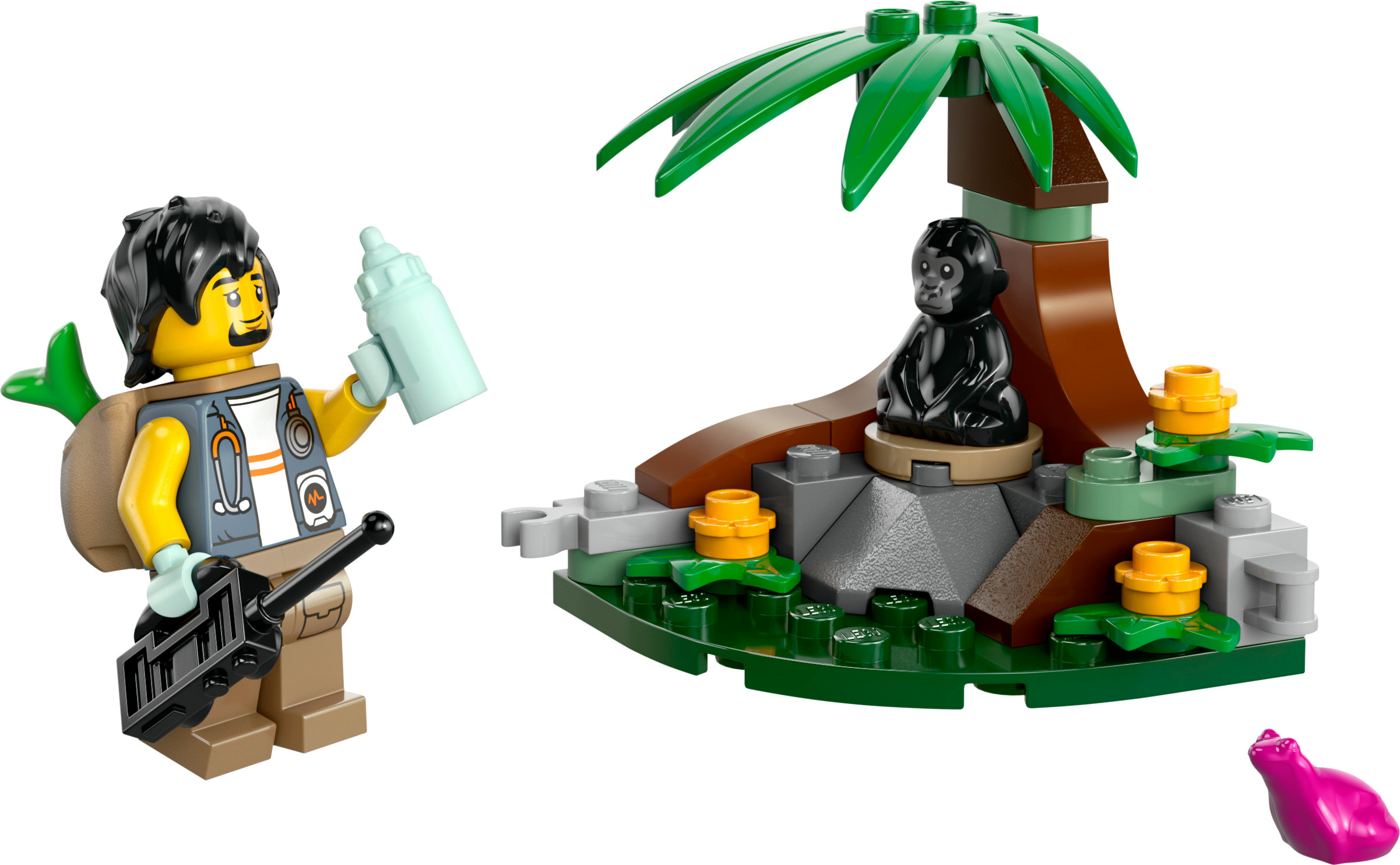 Lego-Set mit einer Minifigur, einem Baum, einem Affen und Zubehör.