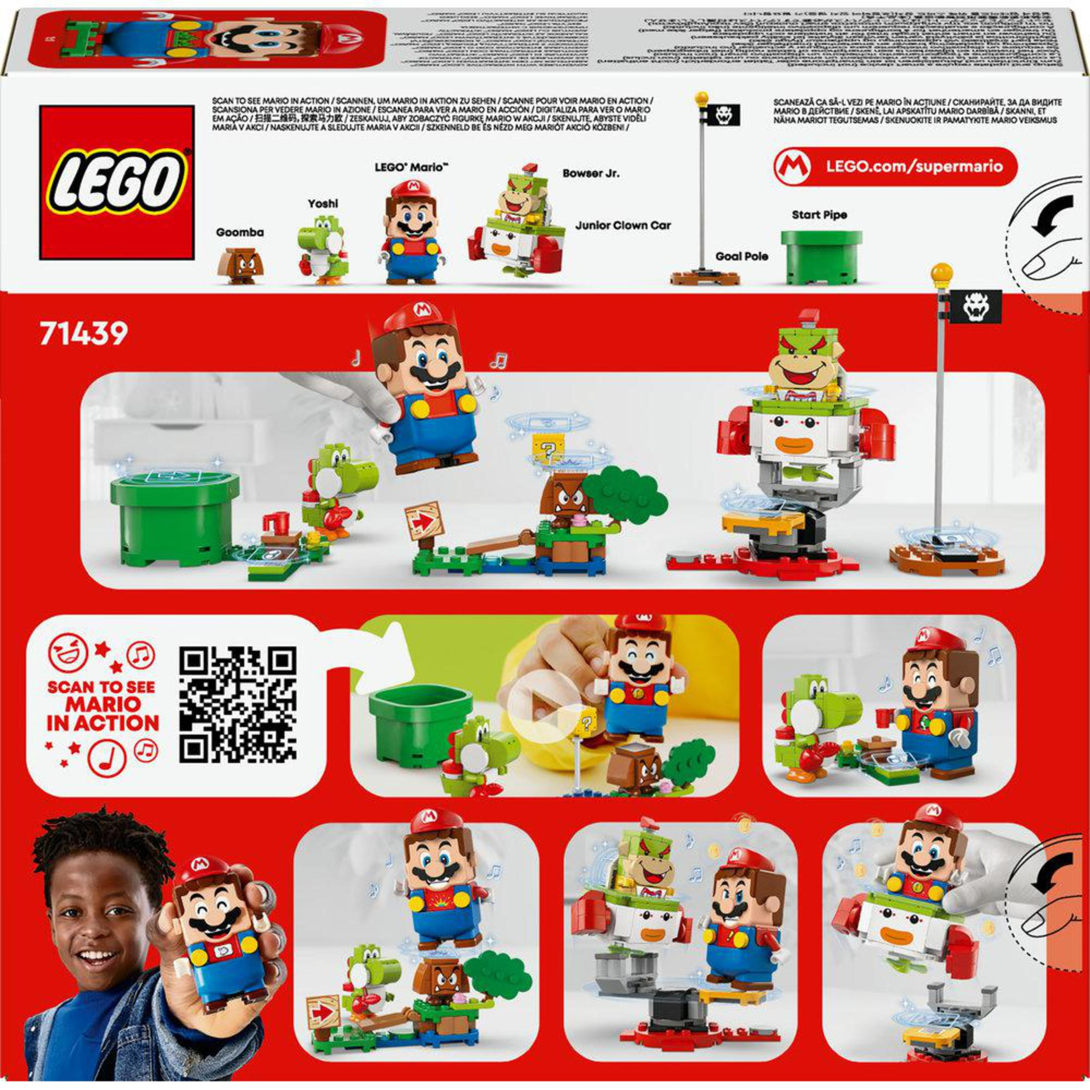 Scatola Lego con personaggi di Mario. Mario, Luigi, Yoshi, Bowser Jr e Junior Clown Car.