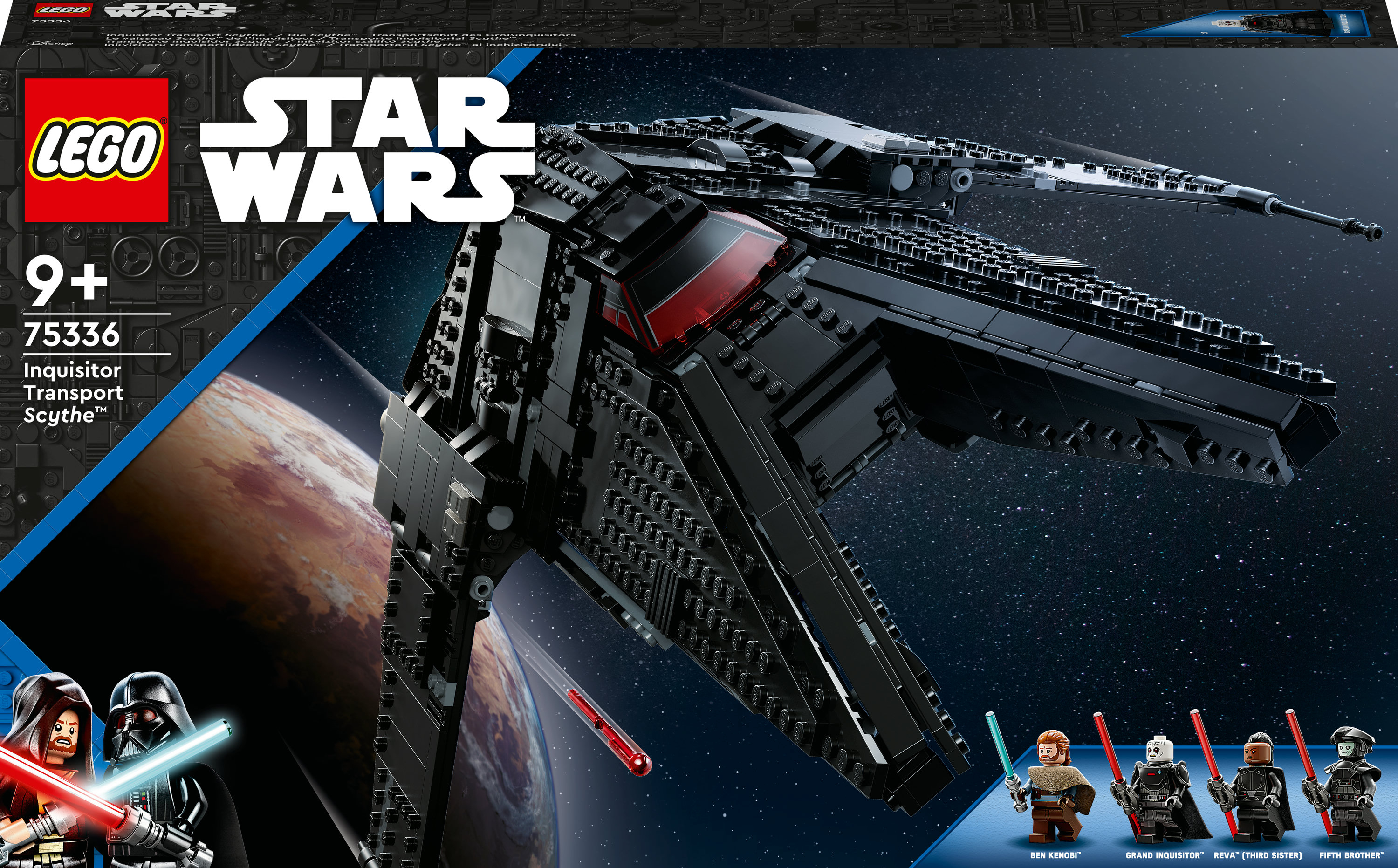 Caja del set Lego Star Wars y modelo ensamblado de una nave espacial negra con acento rojo.