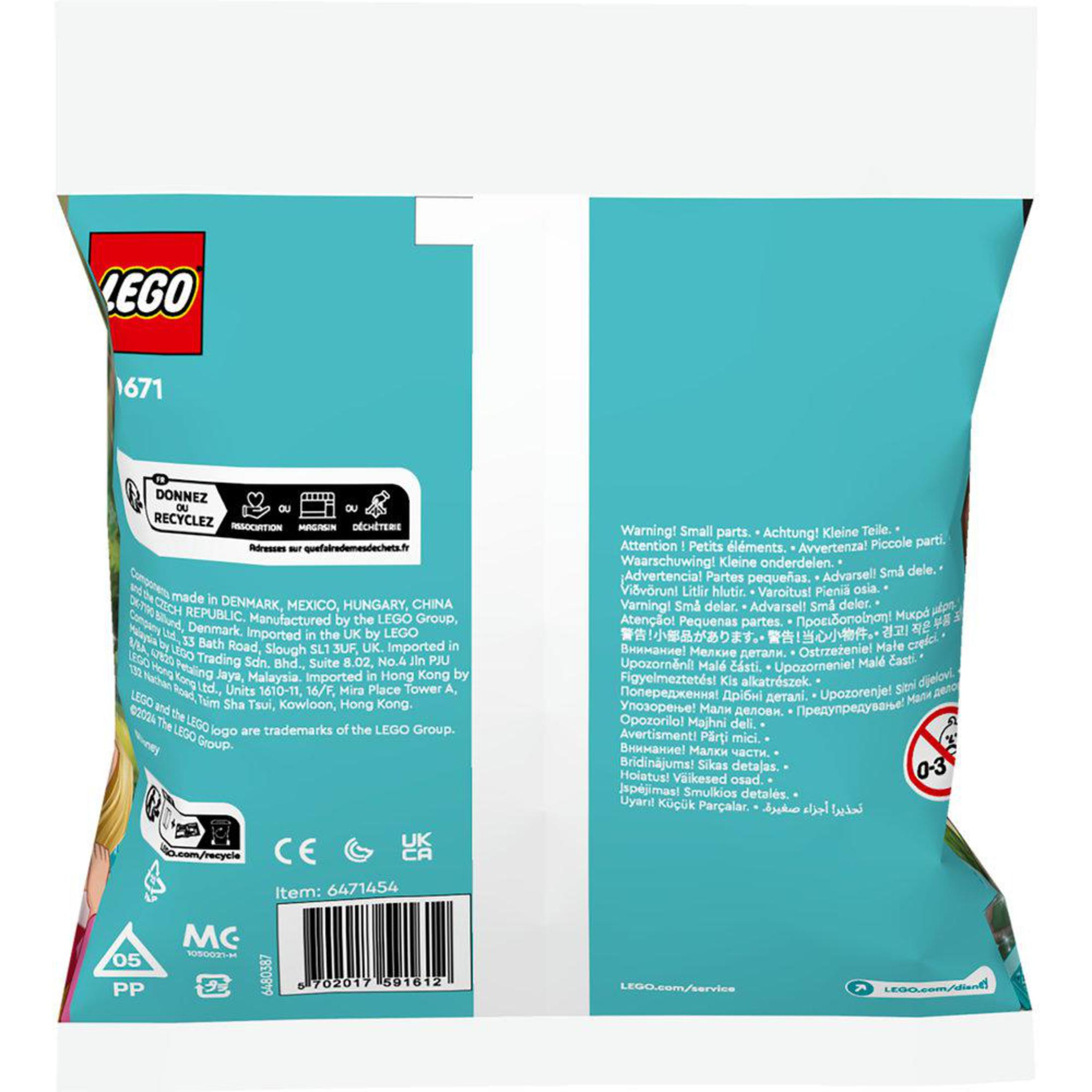 Torebka Lego z tekstem w wielu językach i instrukcjami recyklingu.