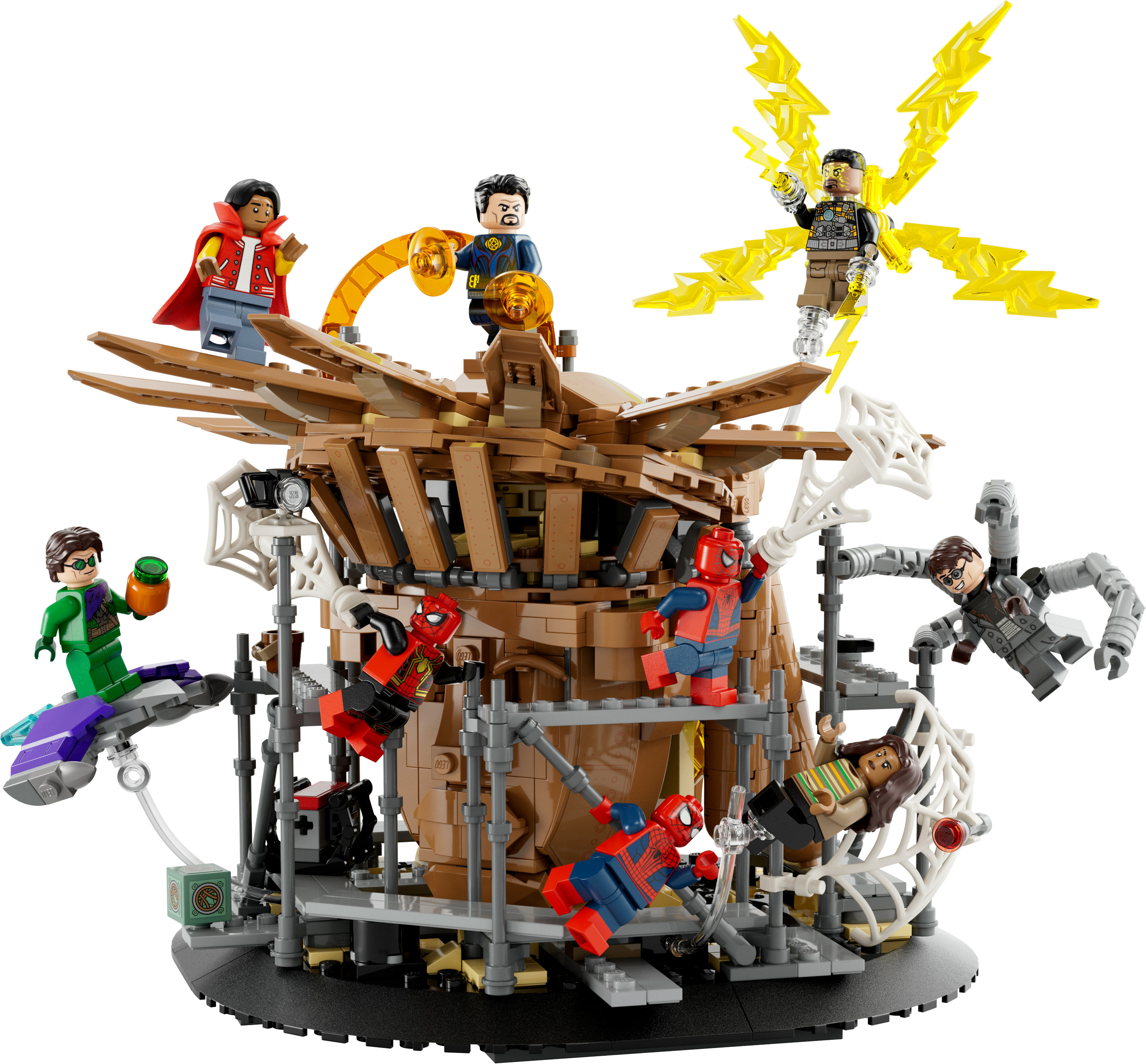 Set de Lego con Spider-Man y otros personajes en una estructura compleja.