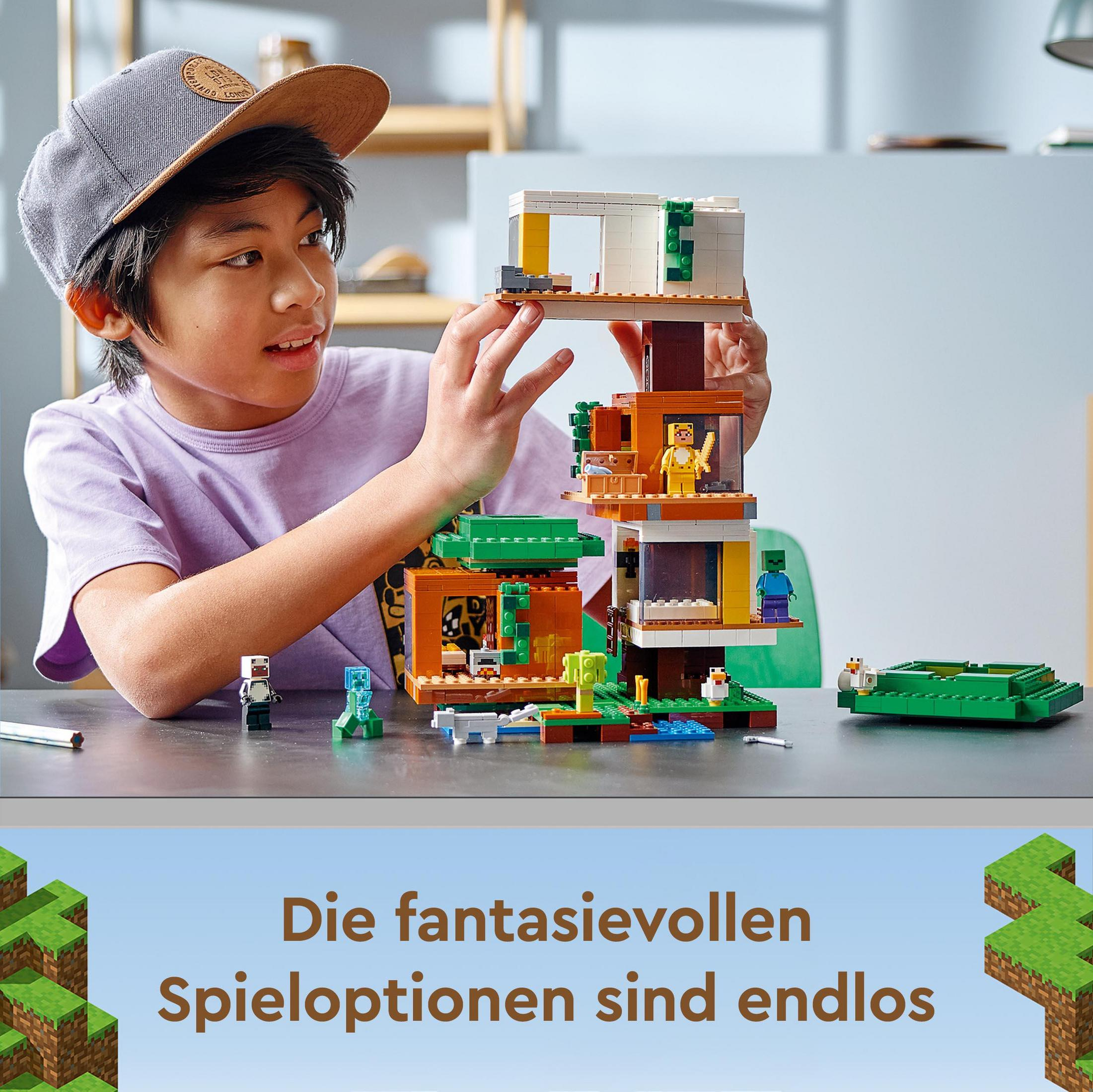 Chłopiec budujący dom z klocków Lego. Zestaw jest brązowy, biały i zielony. Tekst w języku niemieckim na dole.