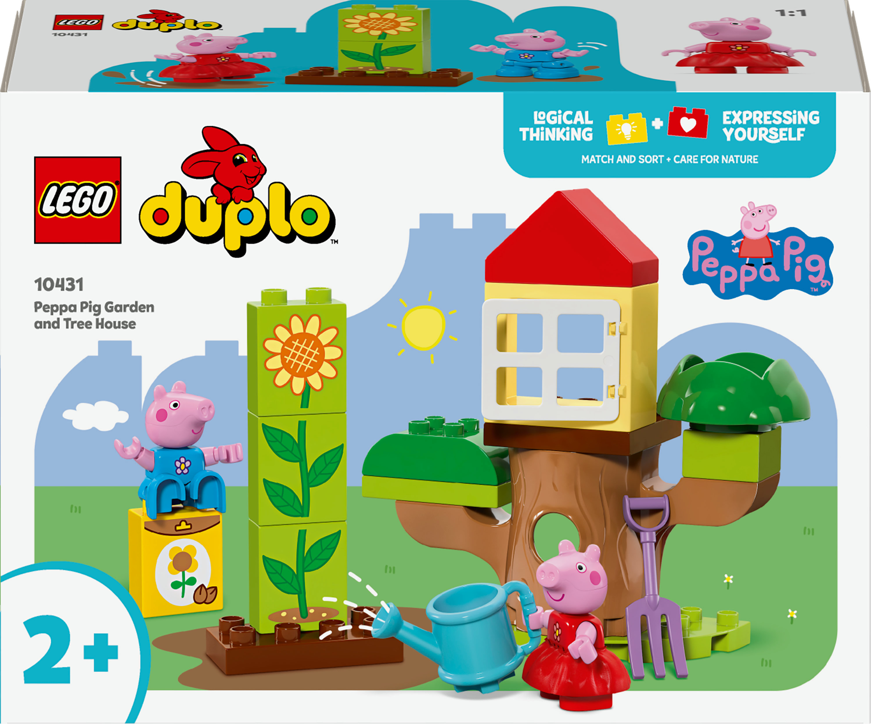 Pudełko Lego Duplo z Peppą i sceną ogrodu i domku na drzewie.
