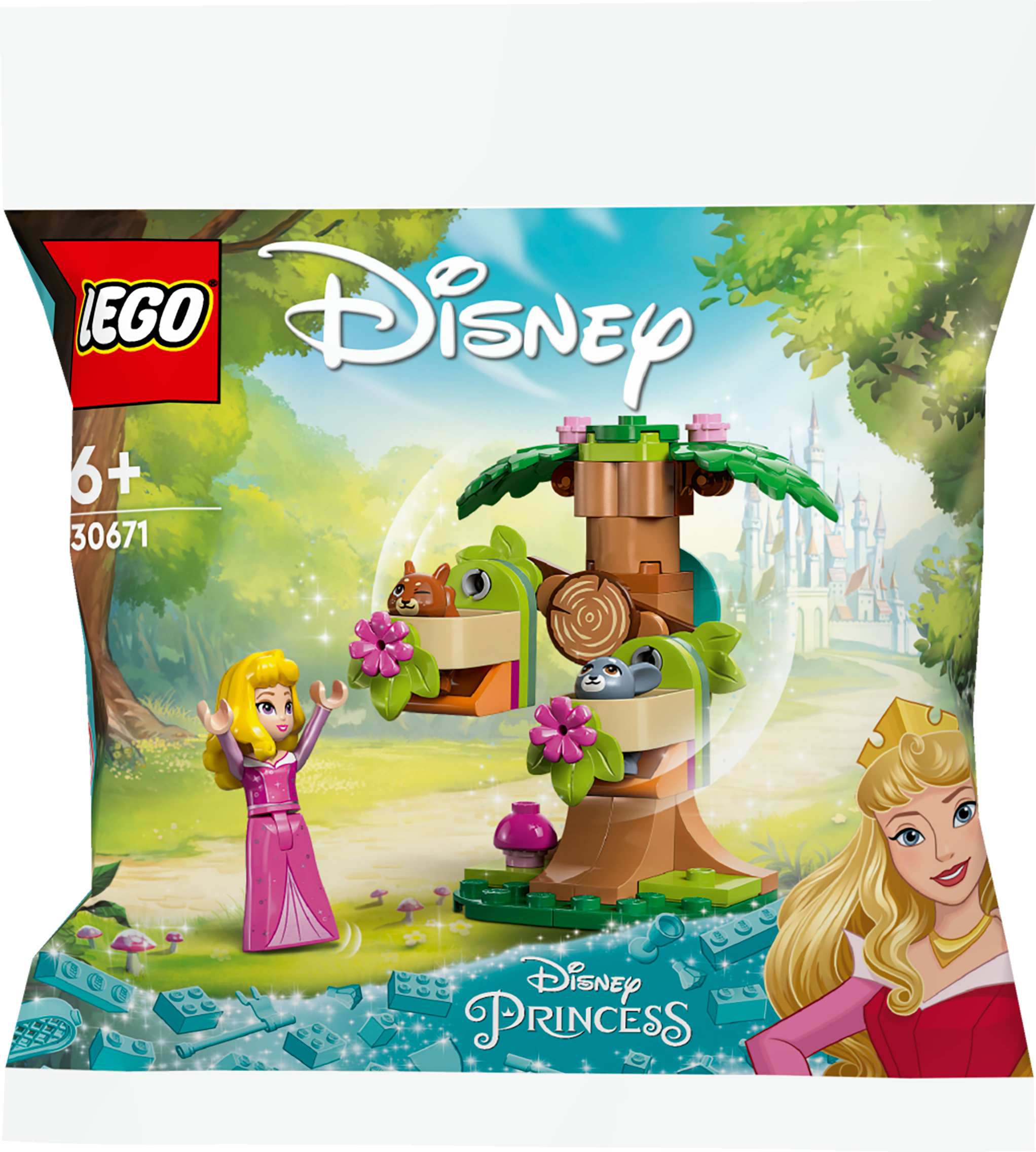 Zestaw LEGO Disney Princess z Aurorą, wiewiórkami, domkiem na drzewie i zamkiem.