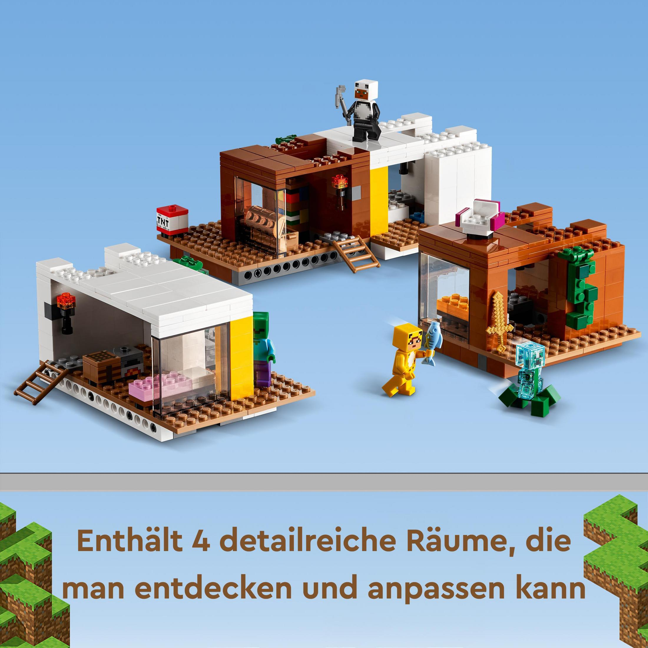 Zestaw Lego Minecraft. 3 domy i postacie z Minecraft na niebieskiej powierzchni z tekstem.