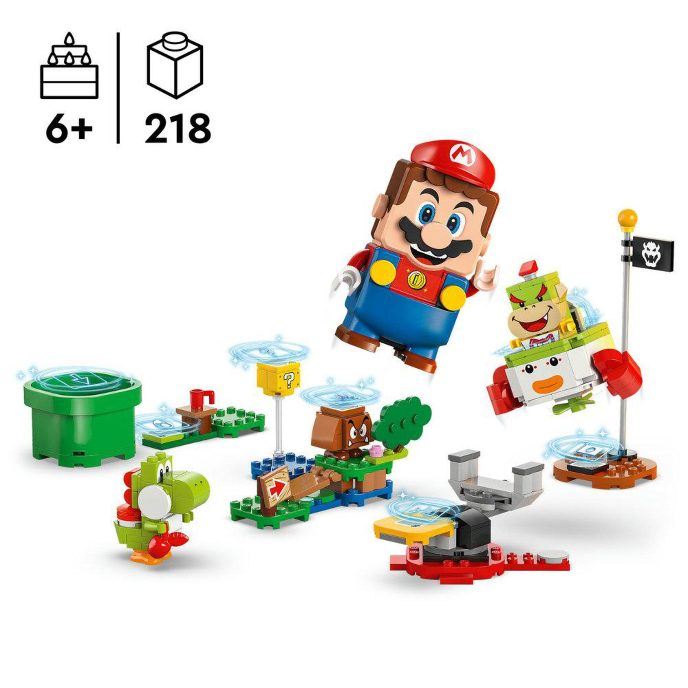 Un set Lego Mario con varie figure e oggetti su sfondo bianco.
