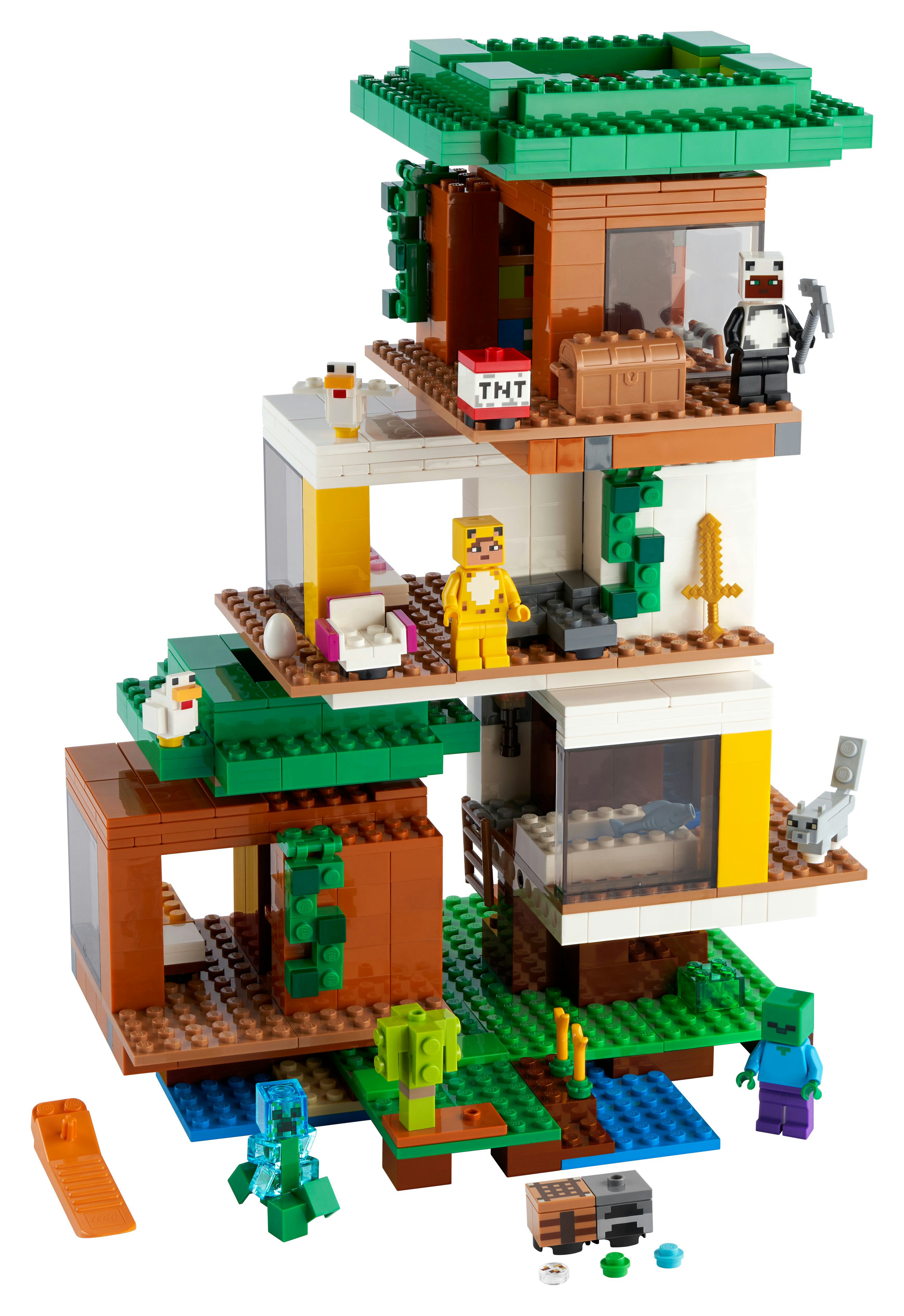 Zestaw Lego Minecraft domek na drzewie z figurkami i różnymi elementami.