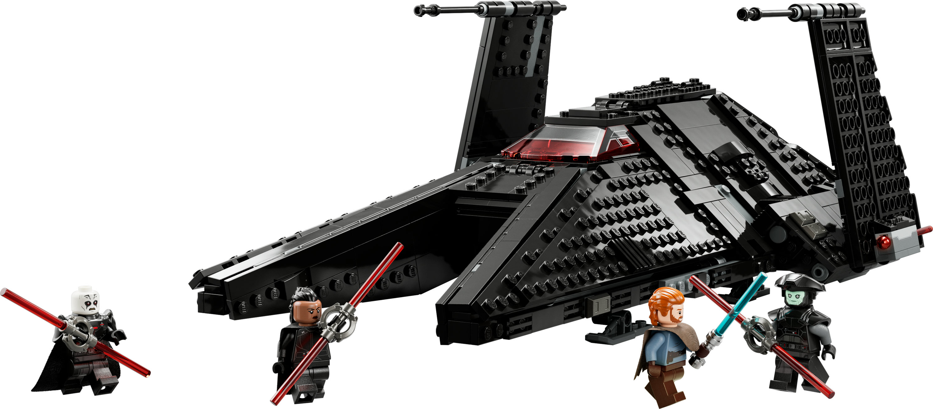 Set Lego Star Wars con una nave espacial negra y figuras con sables de luz sobre un fondo blanco.