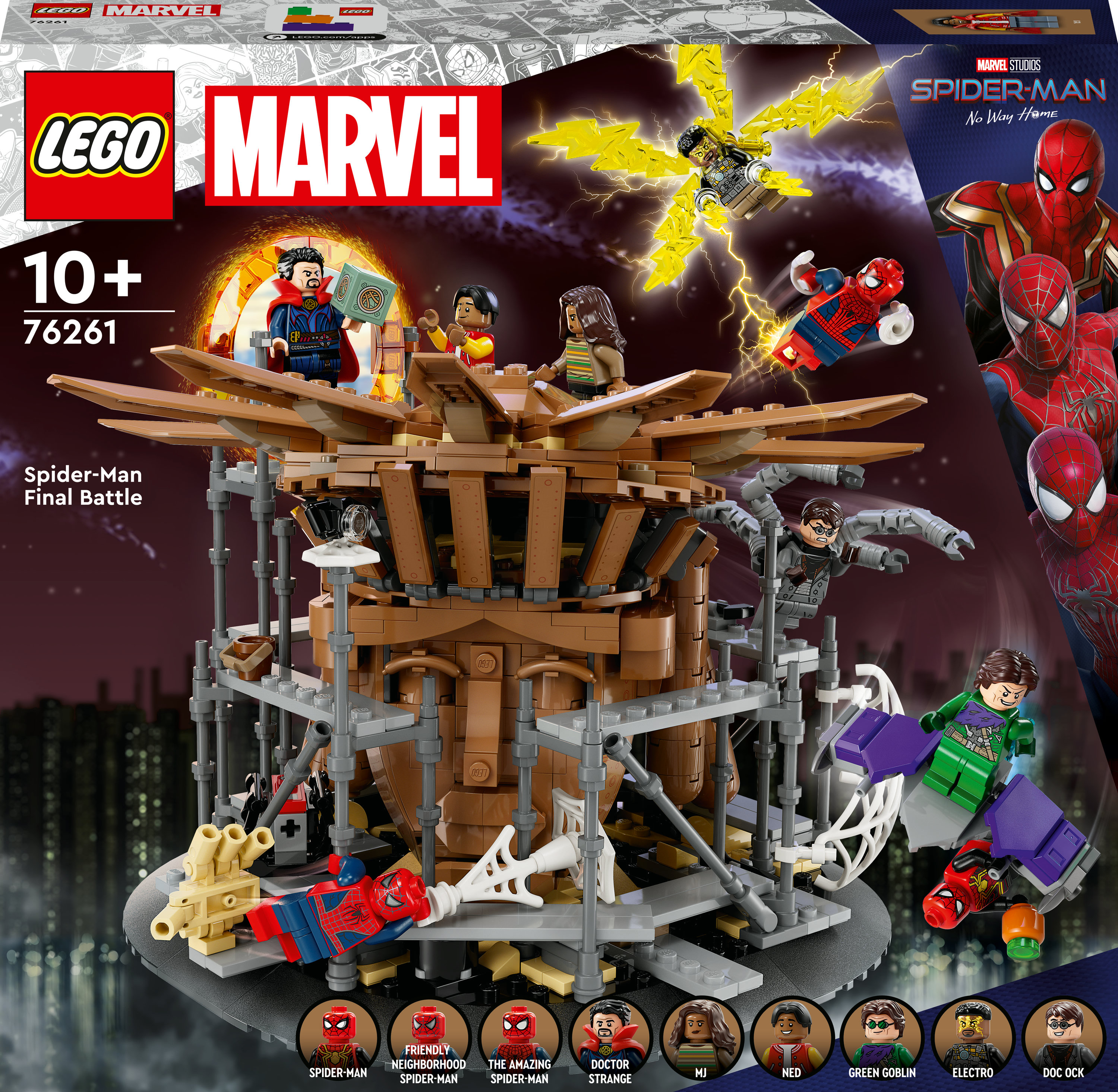 Caja del set Lego Marvel Spider-Man. Incluye Spider-Man, Doctor Strange y otras minifiguras.