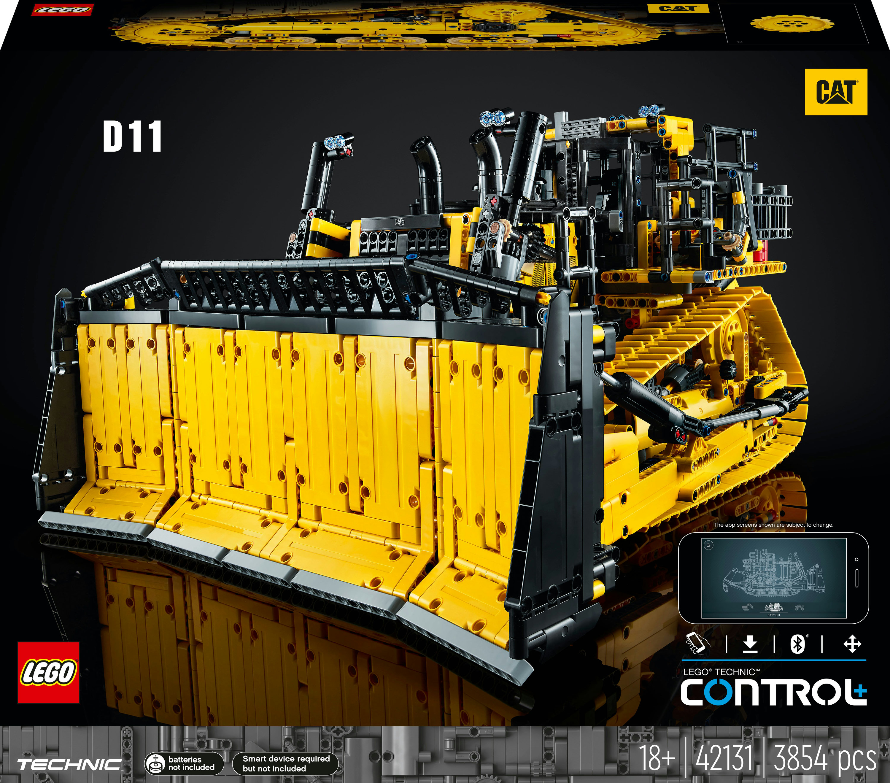 Model spycharki Lego Technic z dużym żółtym lemieszem na czarnym tle.