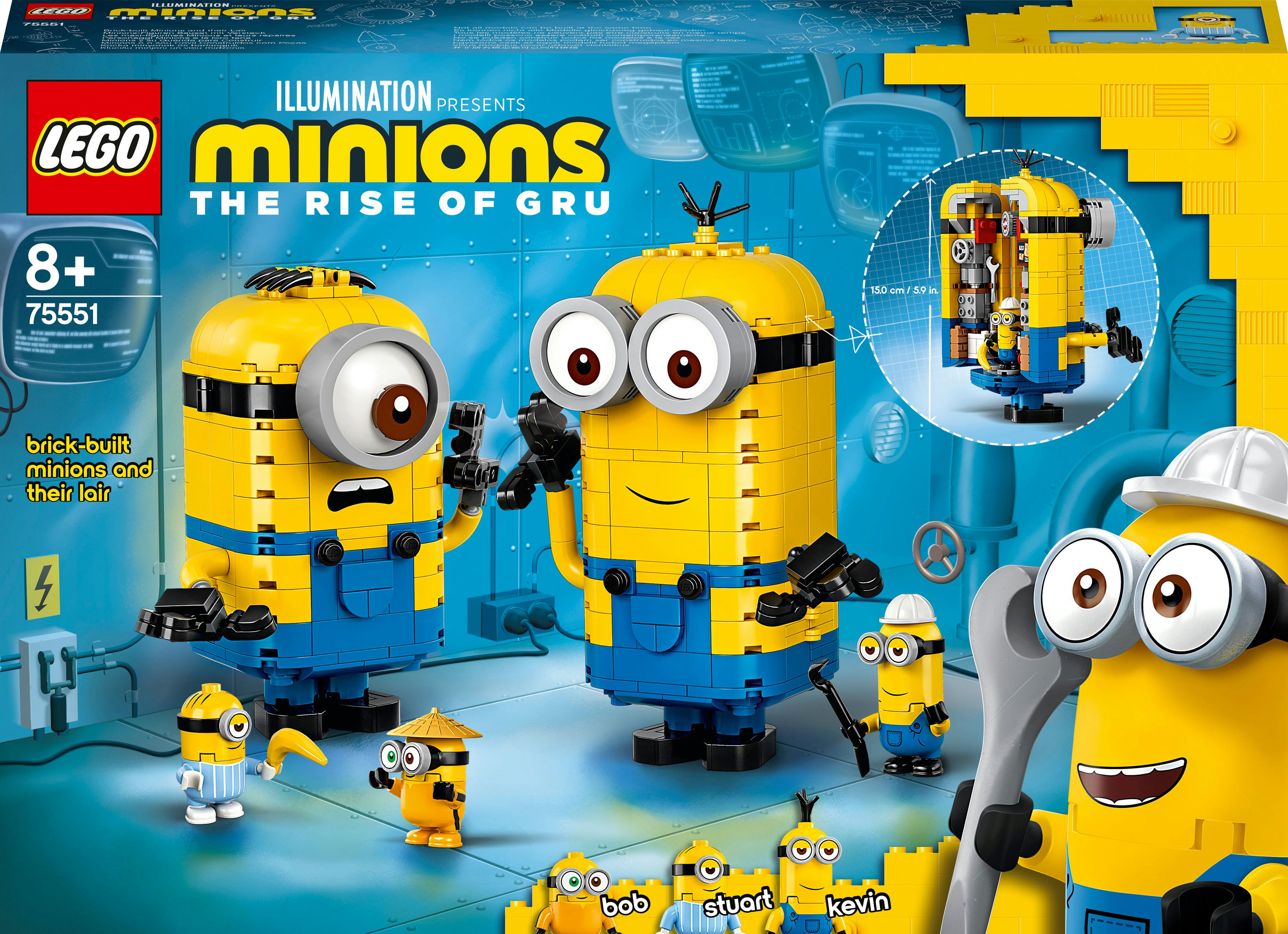 Zestaw LEGO Minions z dwoma Minionkami, różnymi rekwizytami i szczegółowym tłem.