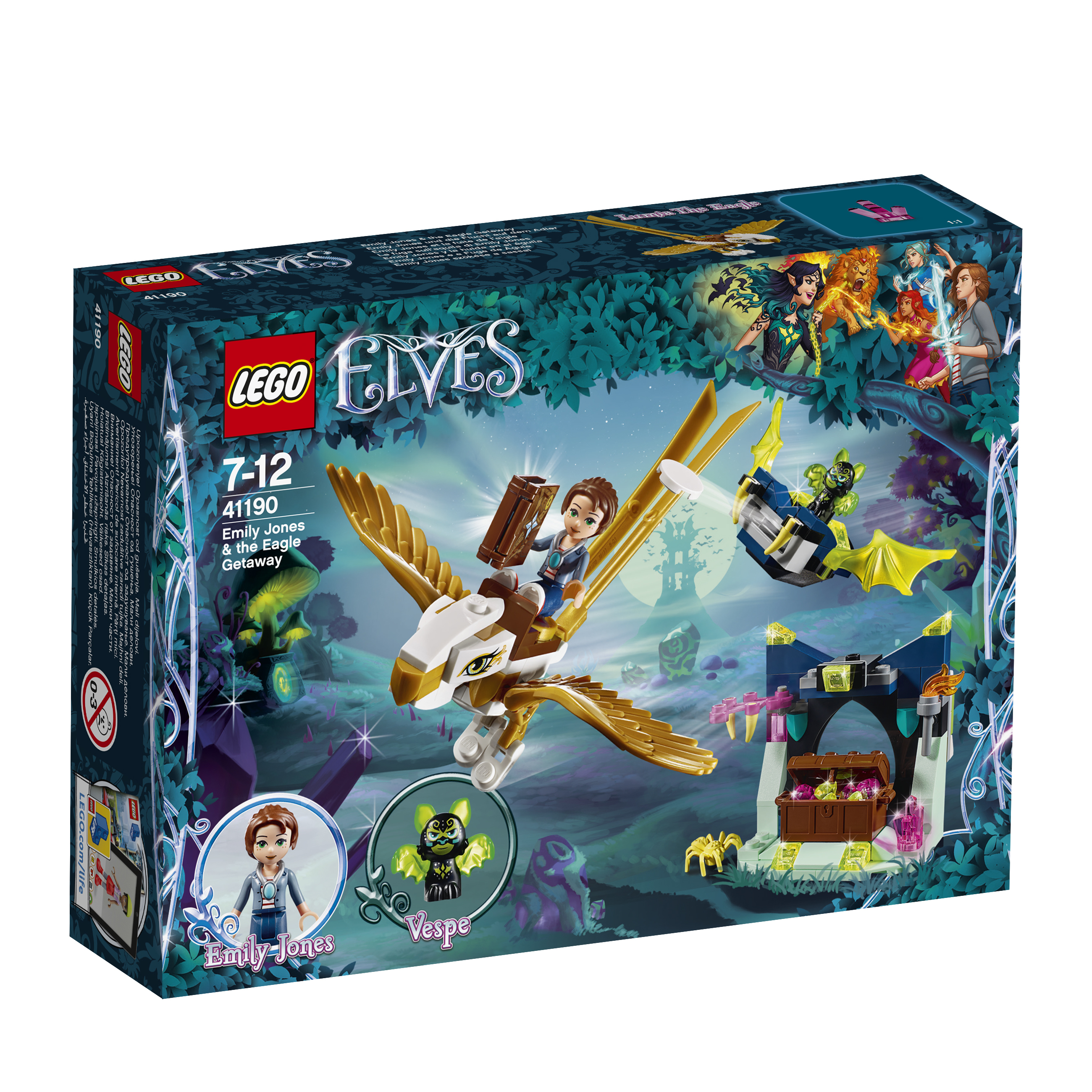 Lego Elves Set. Mädchen auf fliegendem Wesen, Burg, Schatzkiste und dunkler Hintergrund.