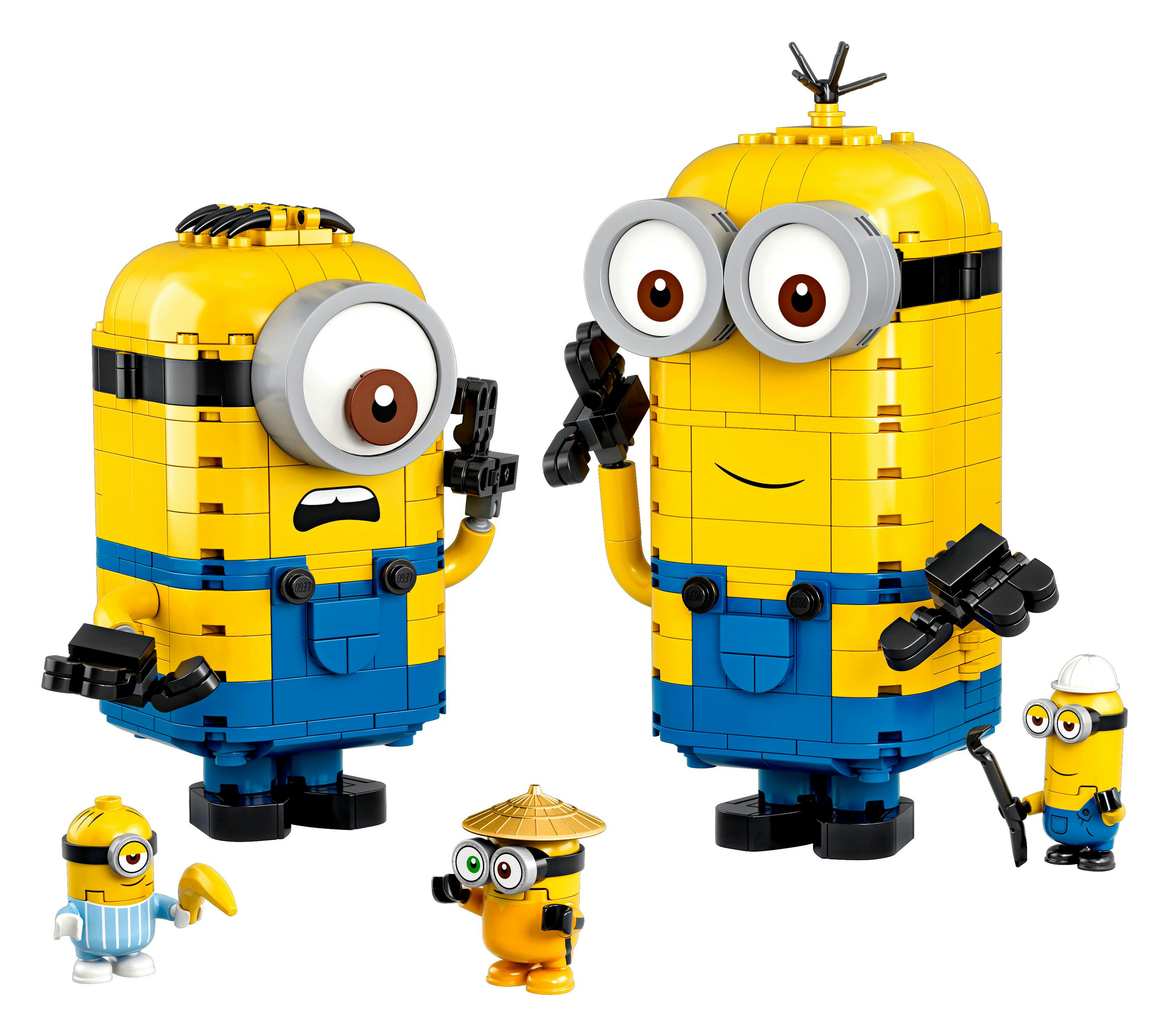Zestaw LEGO Minions: Dwa Minionki, małe figurki, akcesoria. Żółte, niebieskie i czarne klocki. Białe tło.