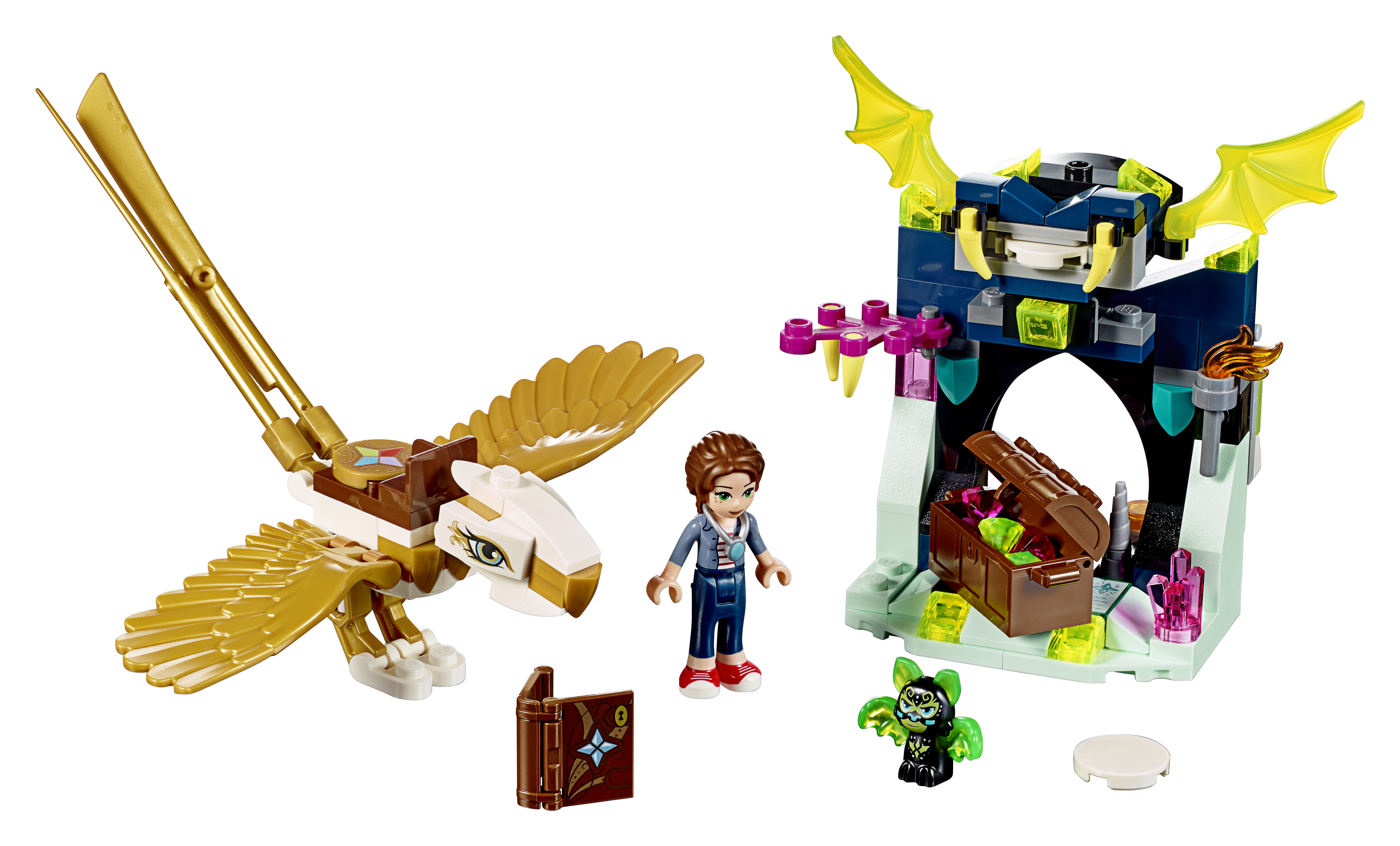 Ein LEGO-Set mit einem goldenen Adler, einem Gebäude, einer Minifigur und anderem Zubehör.