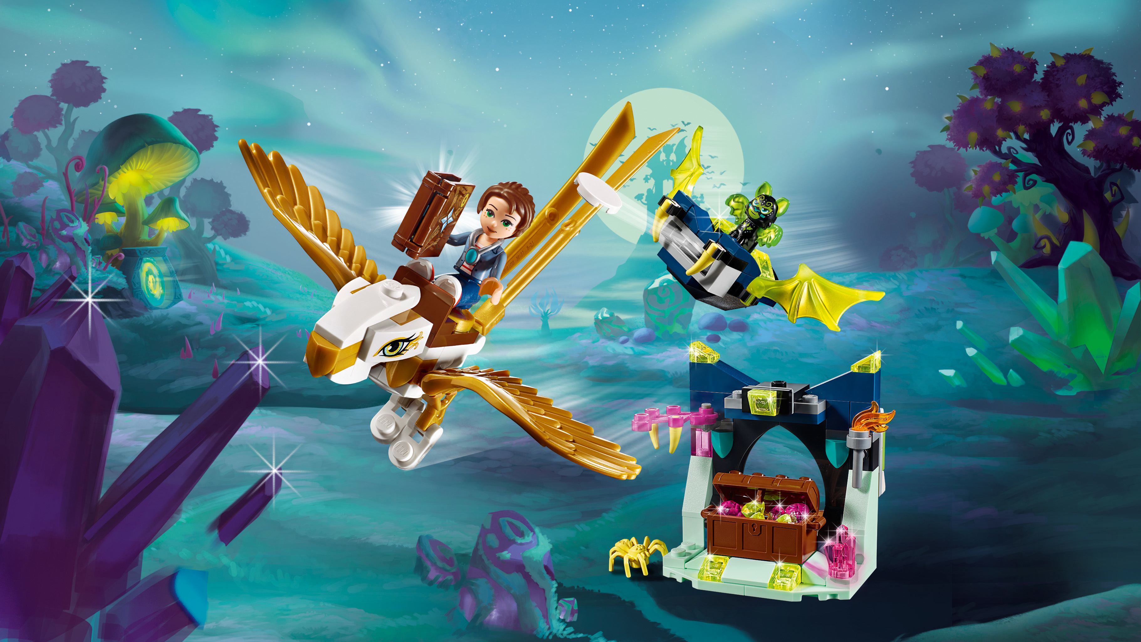 LEGO Set mit Mädchen auf goldenem Pegasus, Figur auf blauem Drachen und Burg.