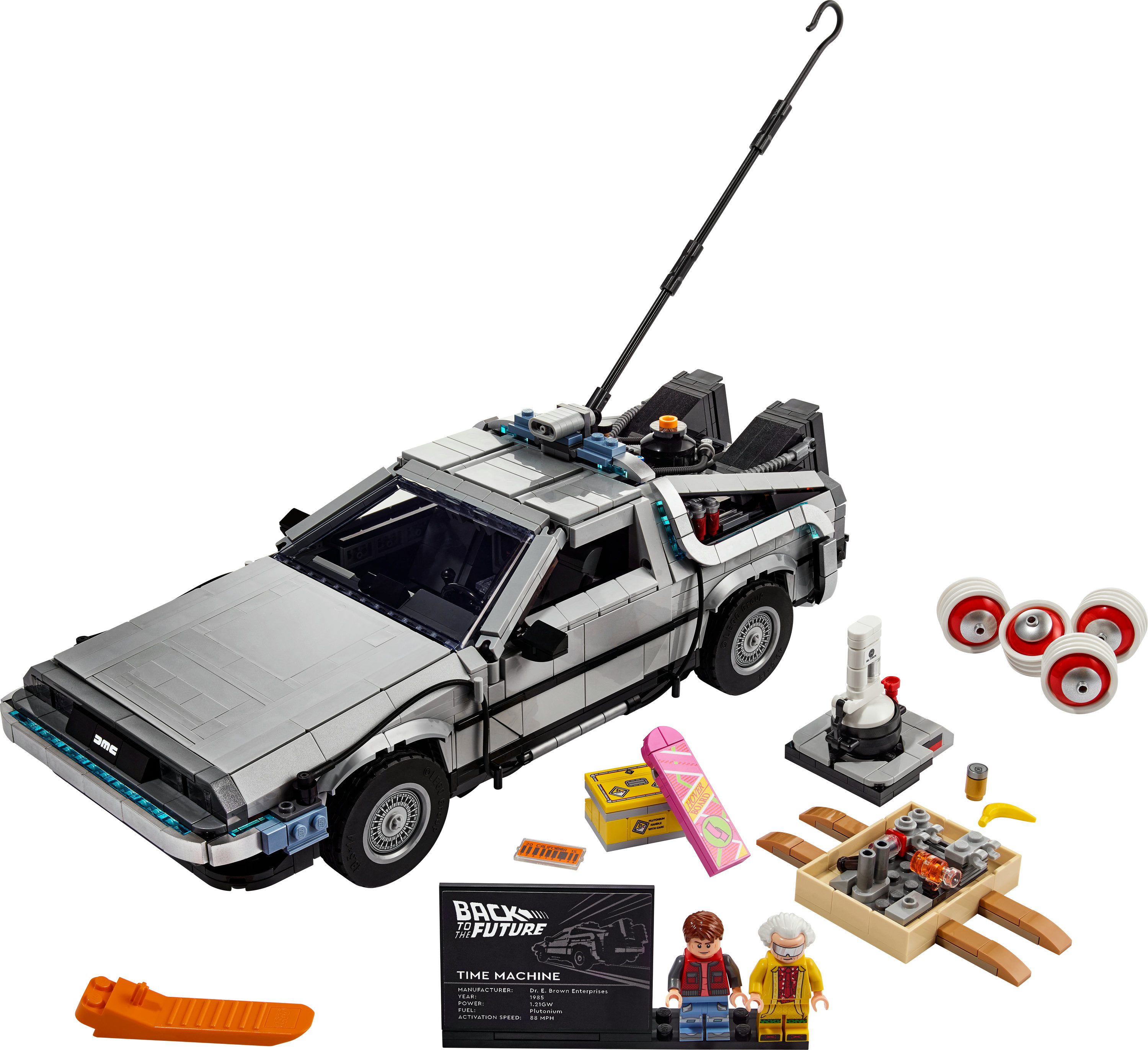 Model DeLorean Lego Powrót do przyszłości z figurkami i akcesoriami. Samochód jest srebrny.