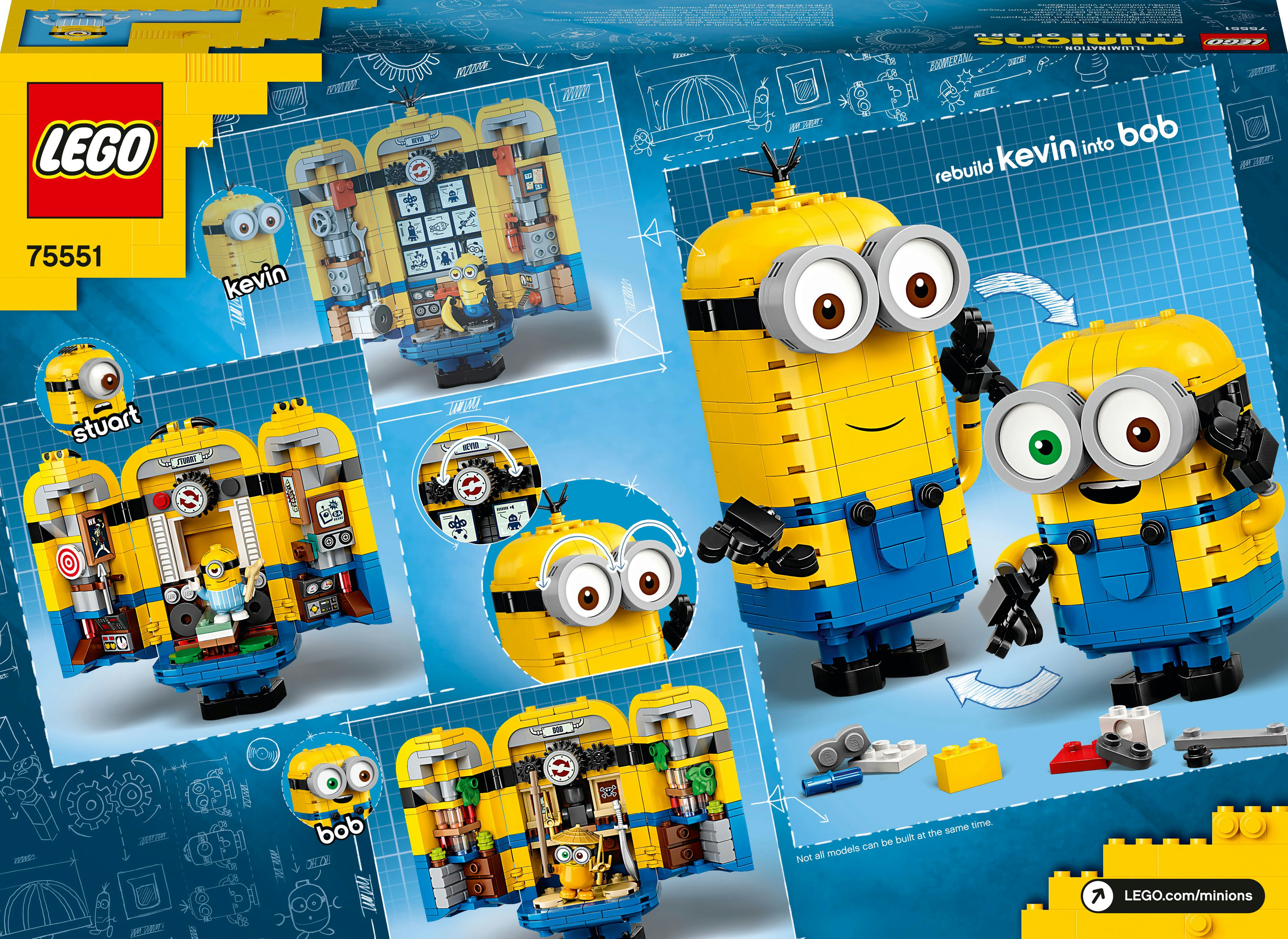 Pudełko Lego z instrukcjami. Pokazuje Minionki i jak budować różne etapy. Pudełko jest żółte i niebieskie.