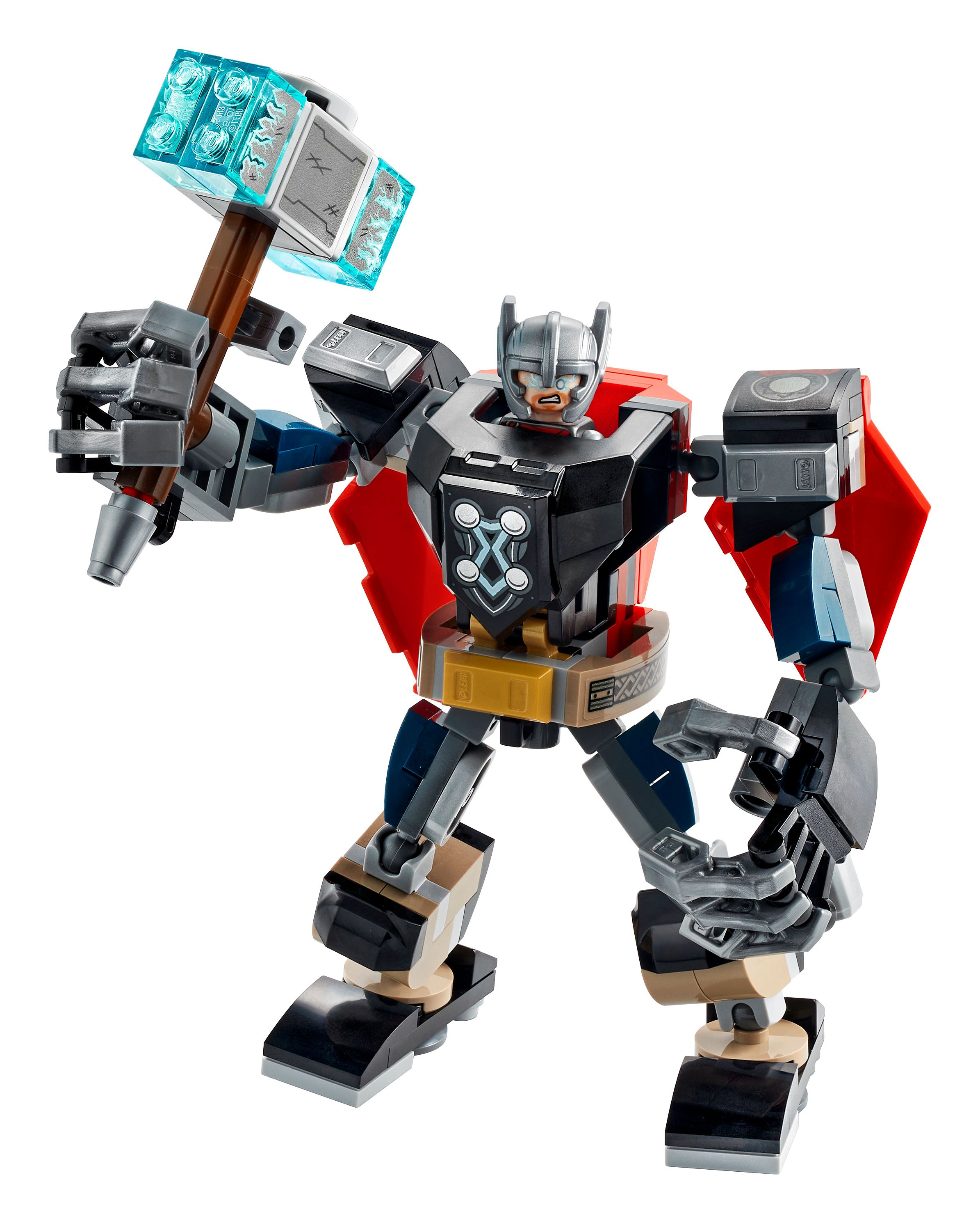 La figura Lego Thor mech tiene un martello. Ha un mantello rosso, un'armatura grigia e nera e un elmo.