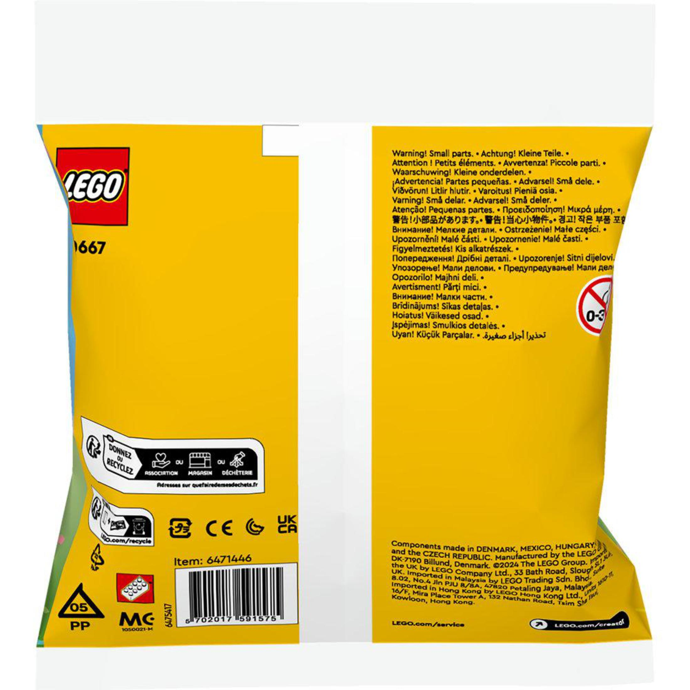 LEGO poşeti, çok dilli metin, uyarılar ve geri dönüşüm bilgileri içerir.