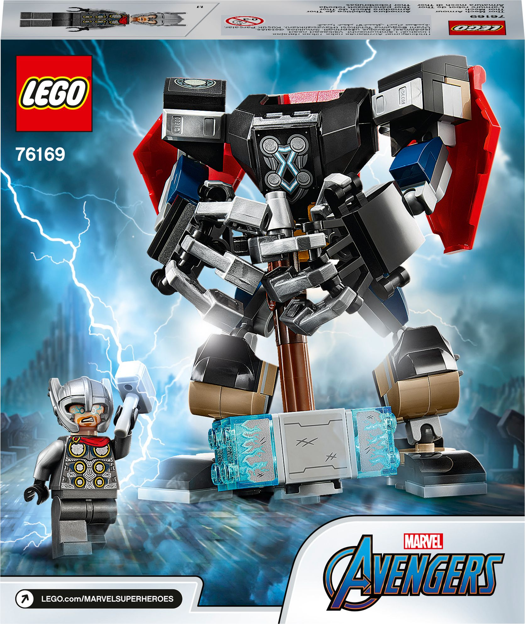 Un set LEGO con un robot Thor, una minifigure di Thor e uno sfondo di fulmini.