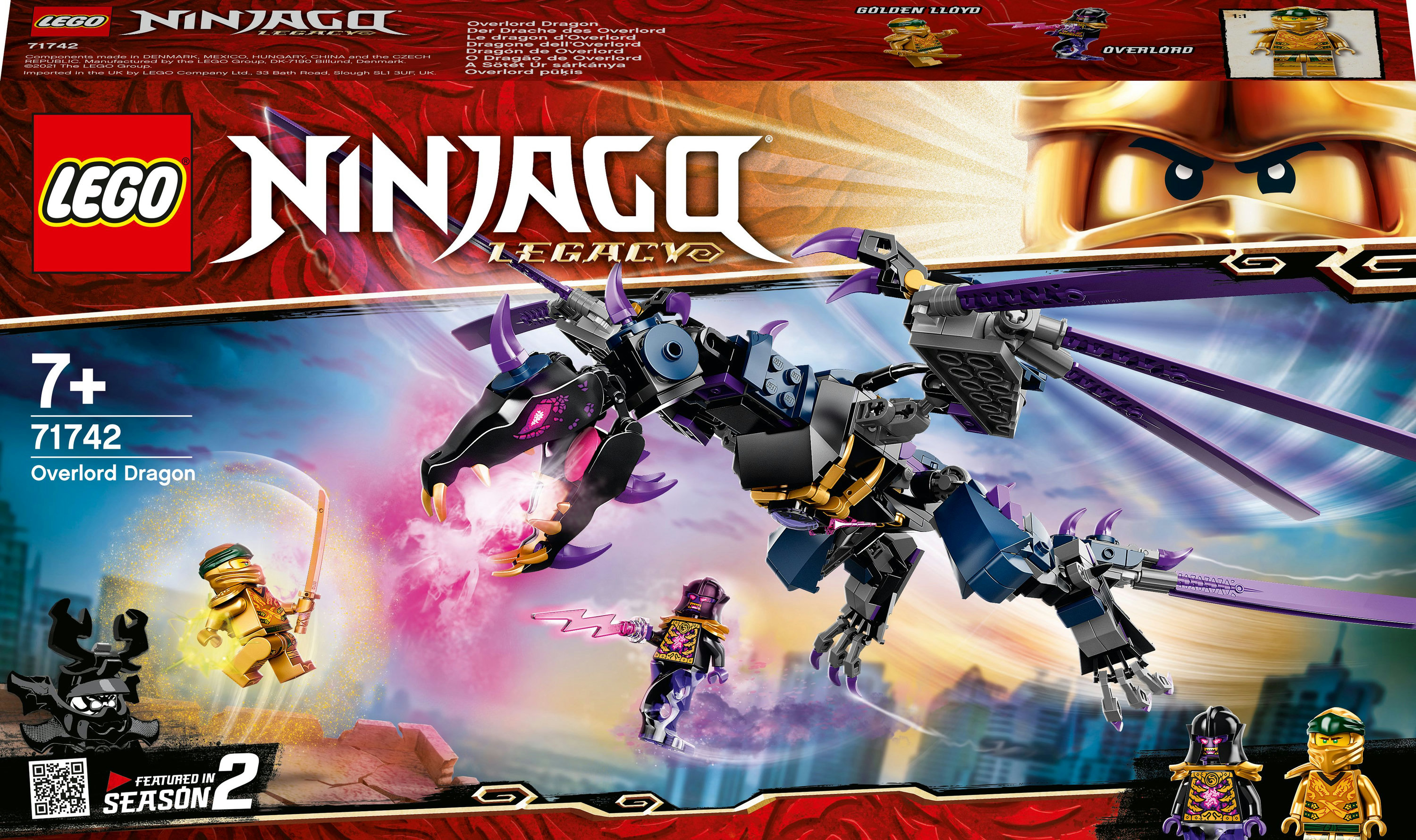 Zestaw Lego Ninjago ze smokiem, minifigurkami i grafiką pudełka.