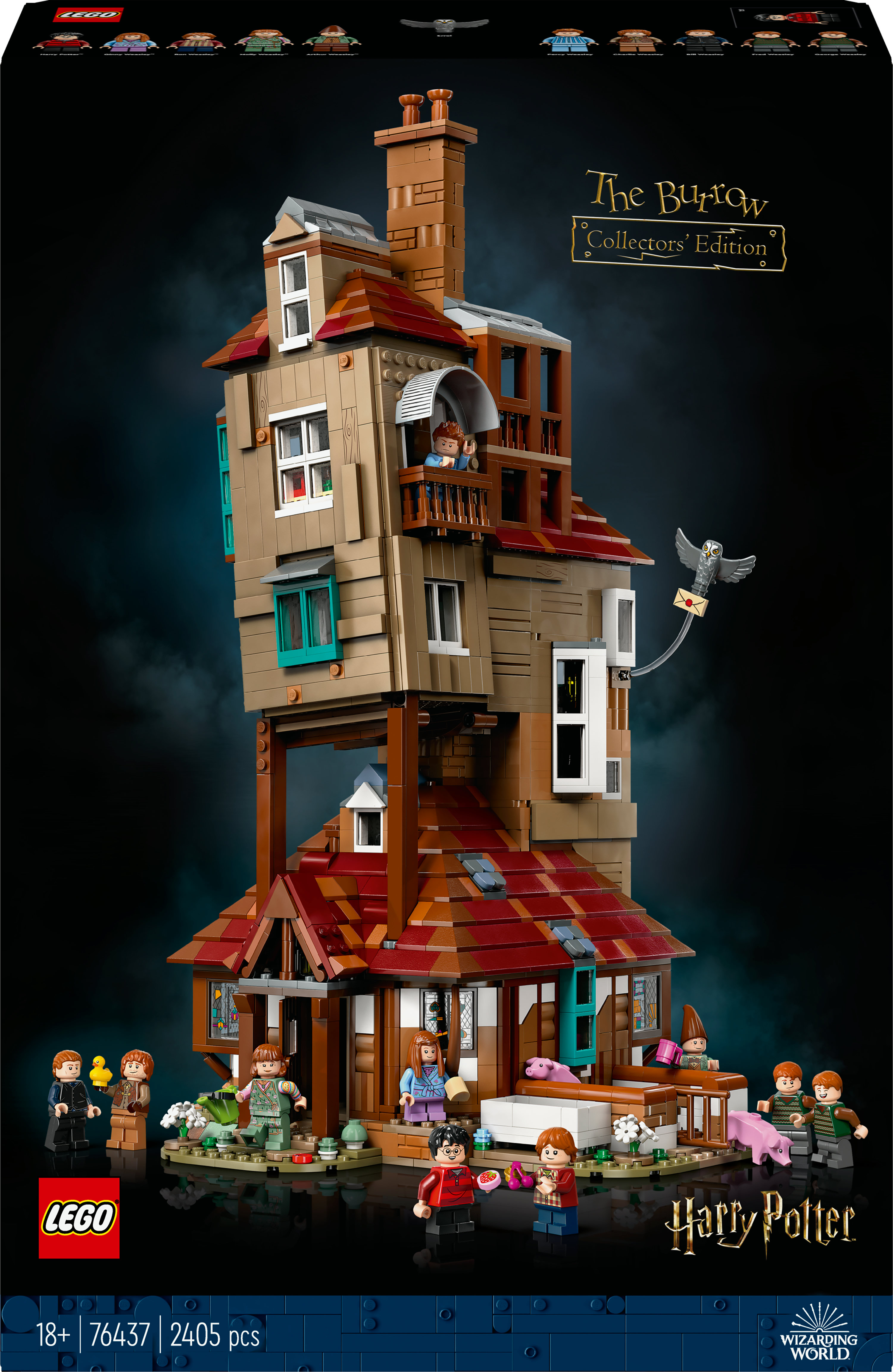 Zestaw Lego Harry Potter The Burrow. Wielopiętrowy dom z figurkami postaci i ośnieżonym podłożem.