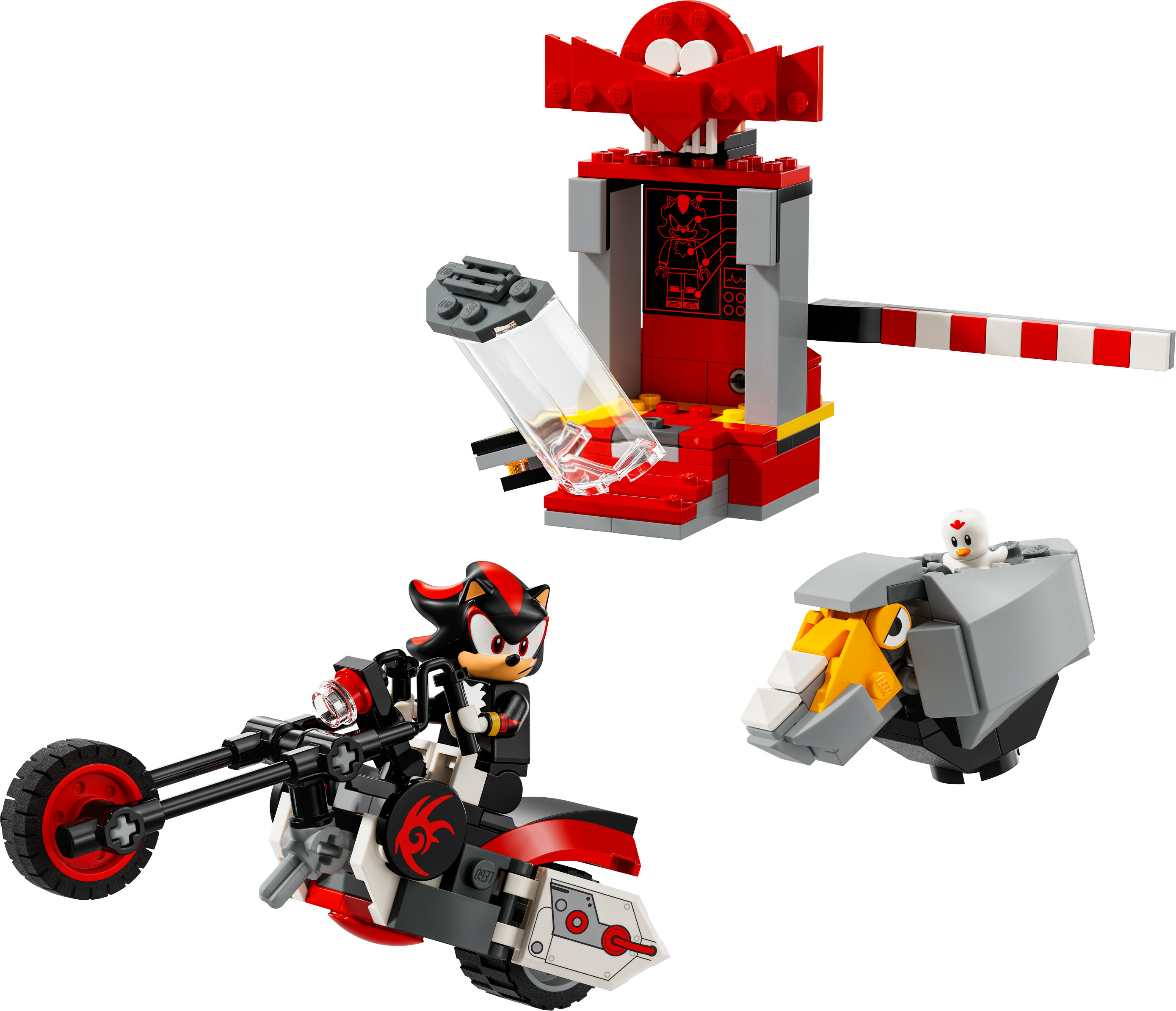 Lego-Set mit Shadow auf einem Motorrad und einem Roboter.