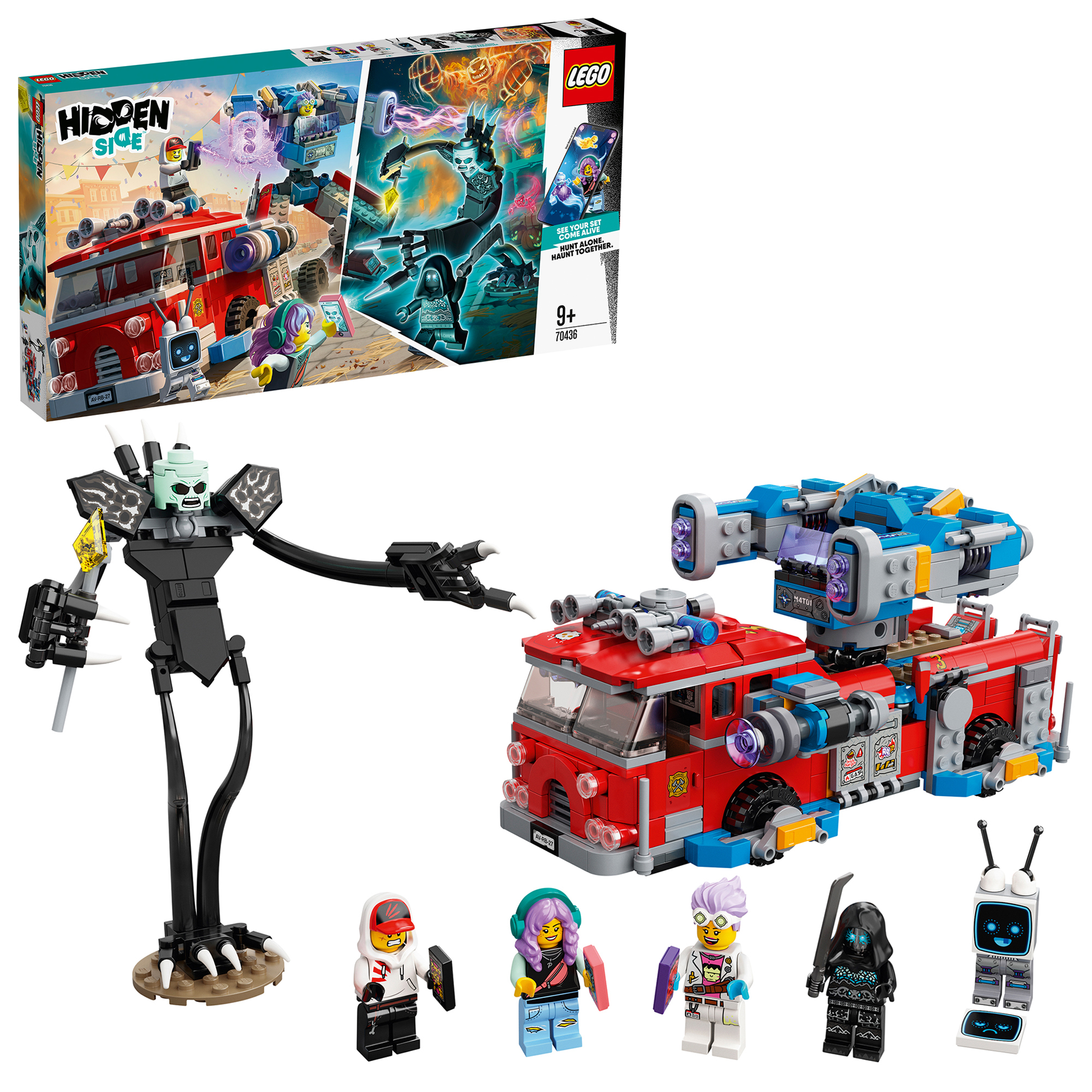 Lego set: A red fire truck, a monster, and several Lego figures with accessories.