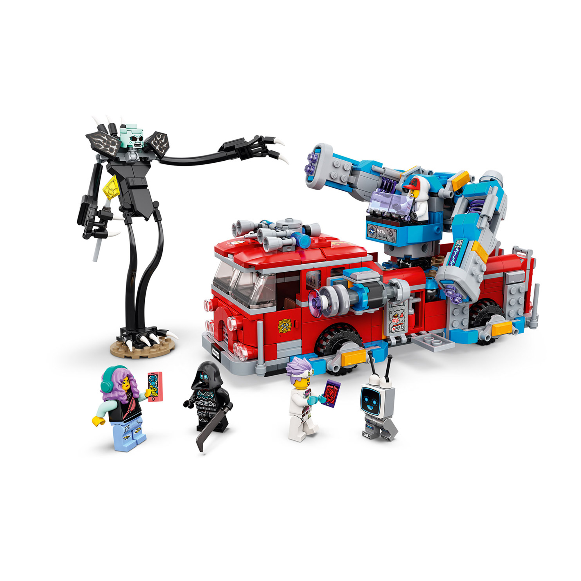 Lego set with a fire truck, several minifigures, and a monster.