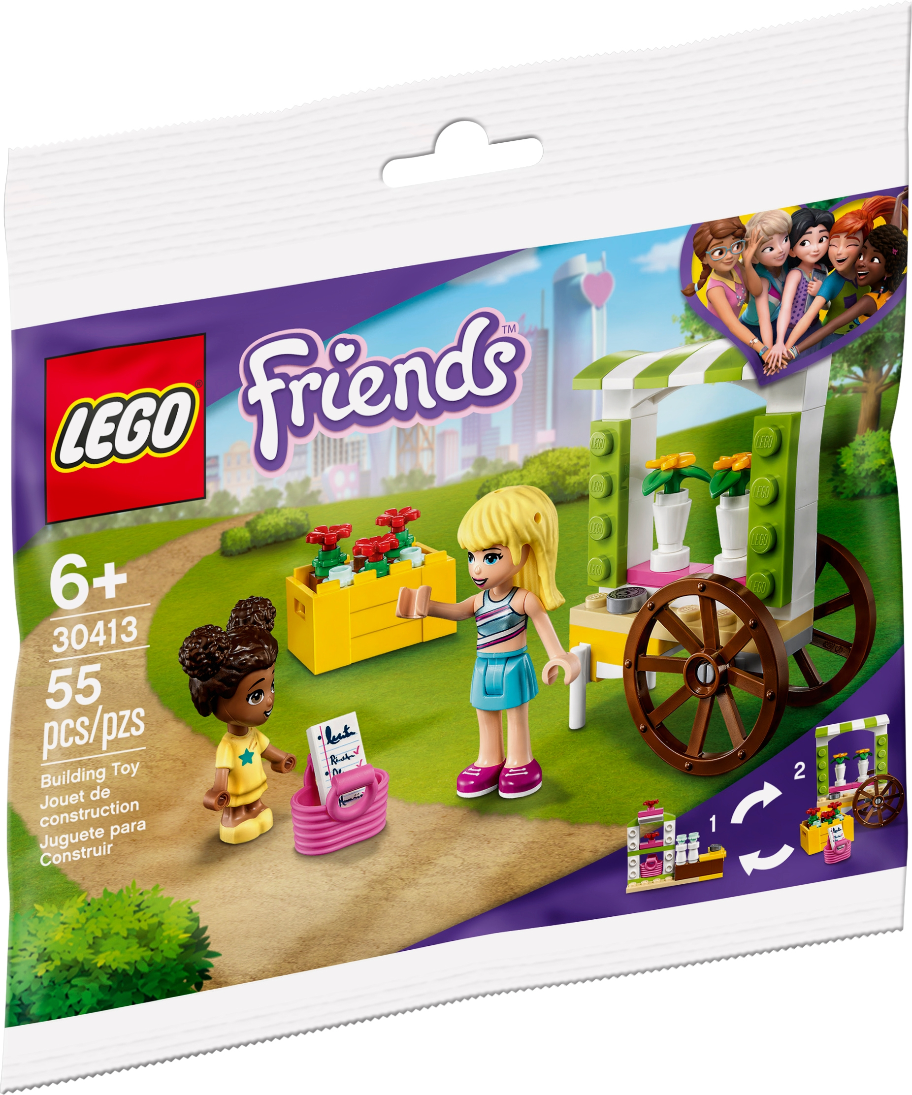 Zestaw LEGO Friends z dwiema minifigurkami, wózkiem z kwiatami i różnymi akcesoriami.