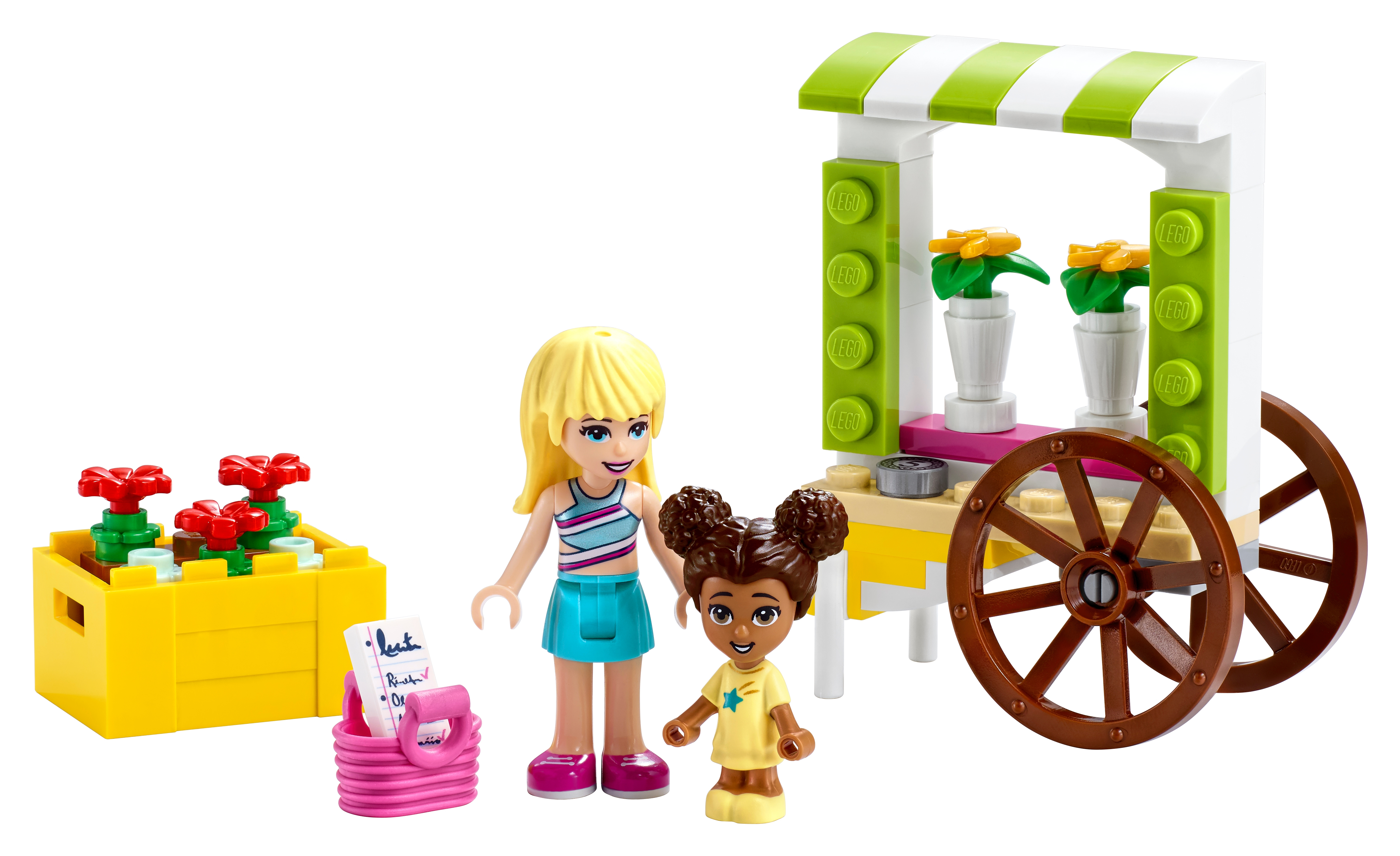 Dwie figurki Lego z wózkiem z kwiatami. Wózek ma kwiaty. Figurki są blond i brunetką.
