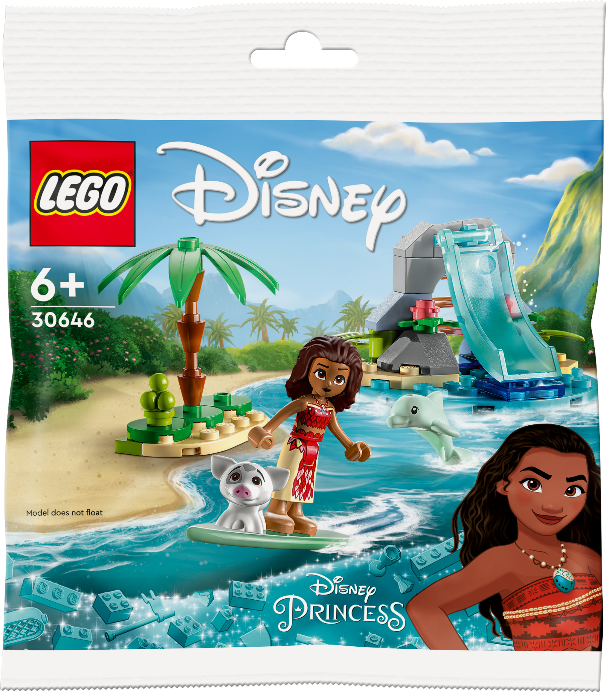 LEGO Disney Set: Vaiana mit einem Schwein, einer Rutsche und einer Strandszene mit einem Delfin.