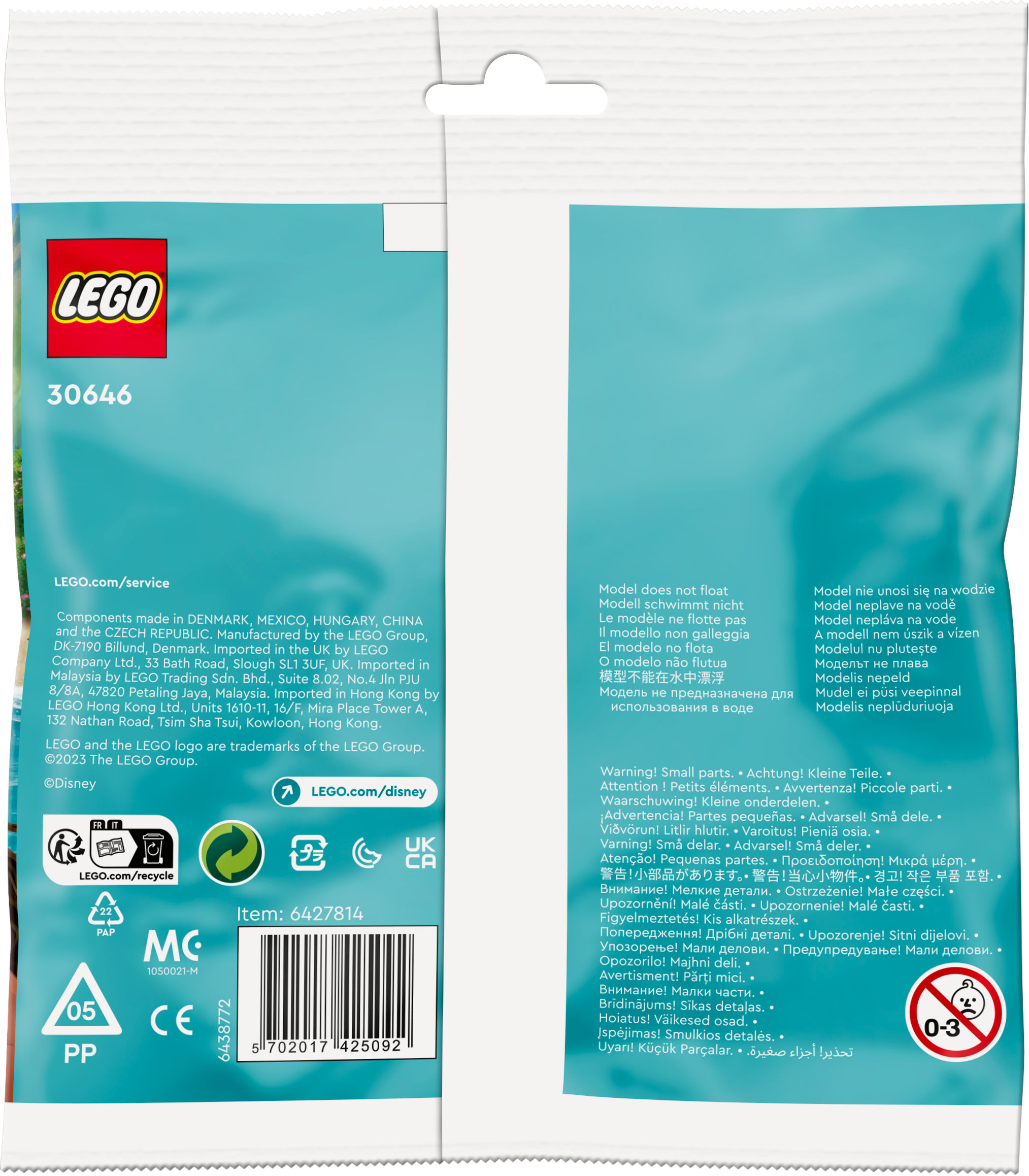 Lego Produktverpackung. Das Paket hat Lego-Logo und enthält Kleinteile. Warnhinweise sind vorhanden.