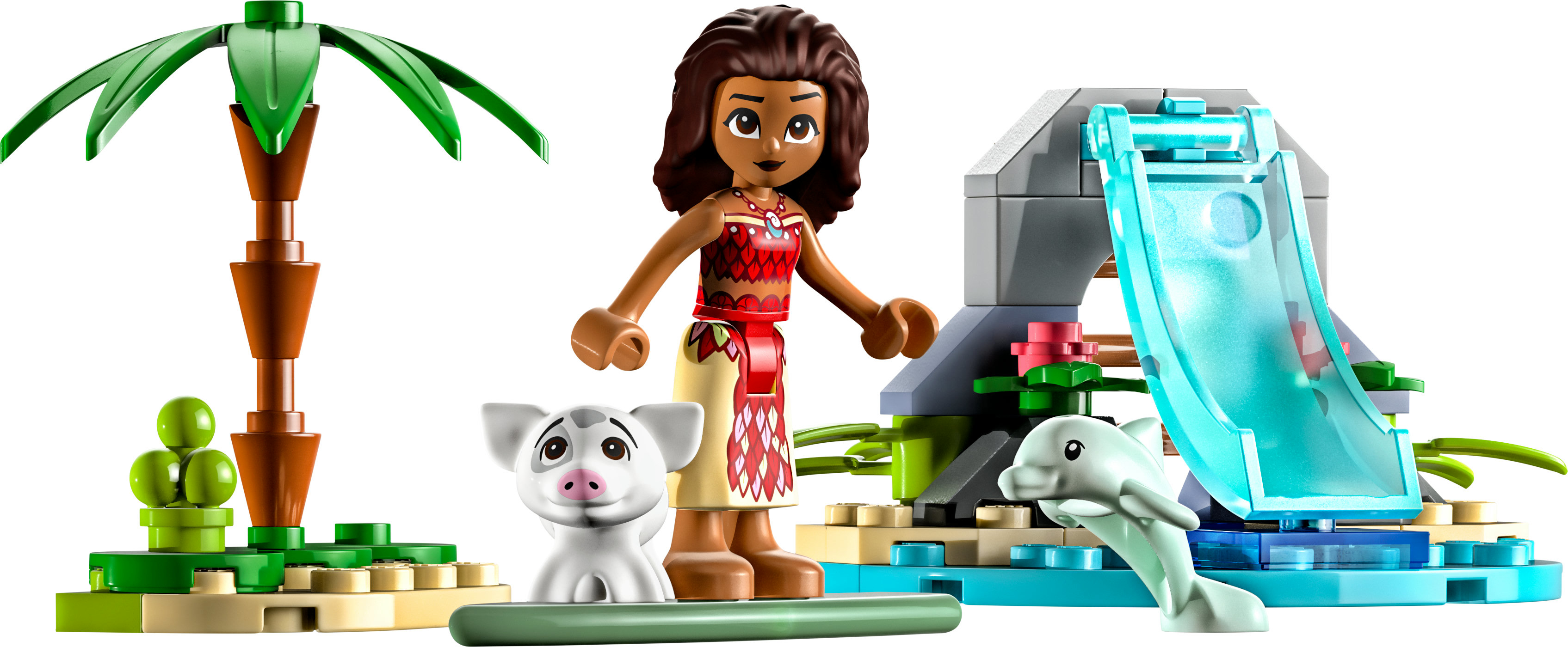 LEGO Set mit Moana, einem Schwein und Wasserrutsche auf tropischer Insel.