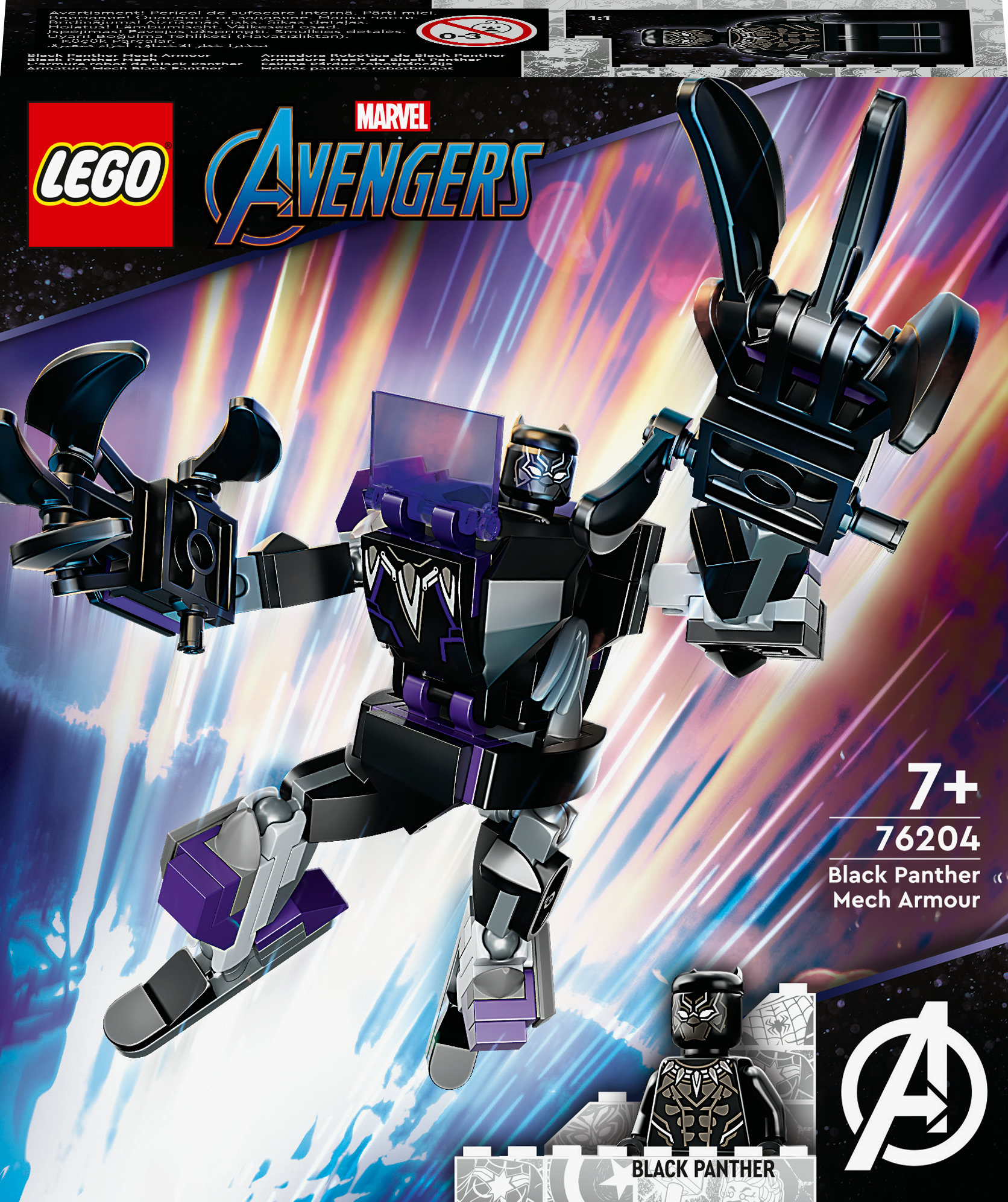 Lego-Set von Black Panther in einem Mech-Anzug. Mit Box und Figur.