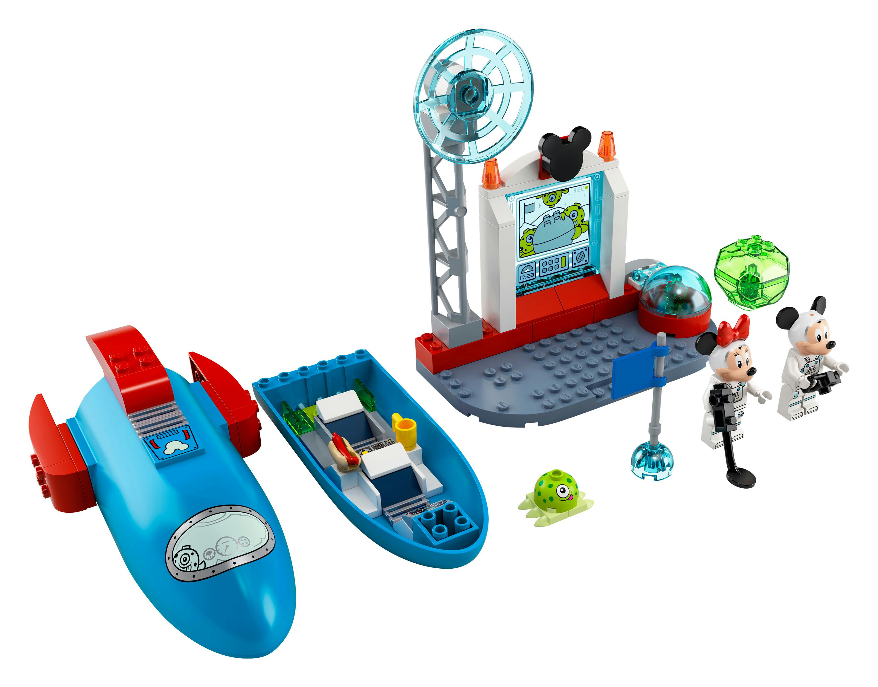Lego-Set mit Rakete, Schiff, Micky und Minnie Maus und einer Kontrollstation, alles auf Weiß.