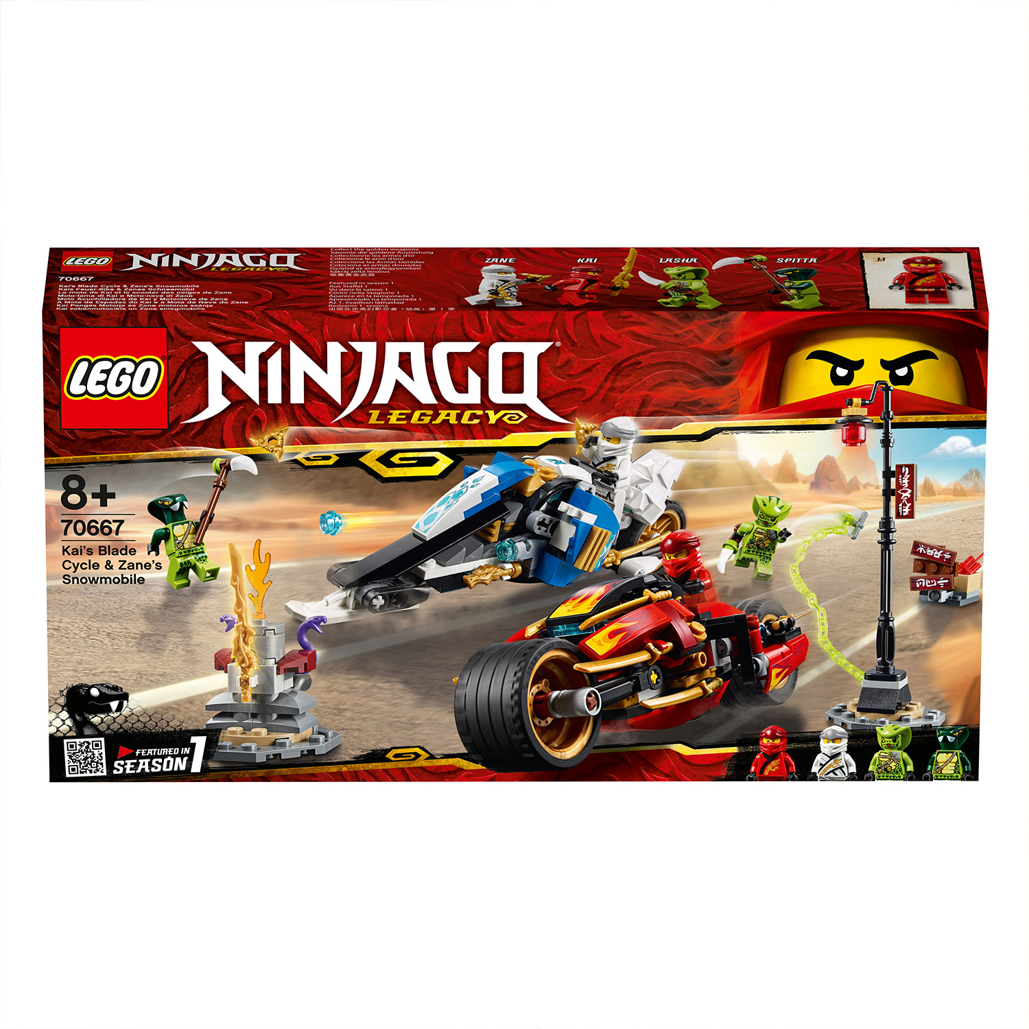 Lego Ninjago-Set: Kais Klingen-Motorrad & Zanes Schneemobil mit Charakteren.