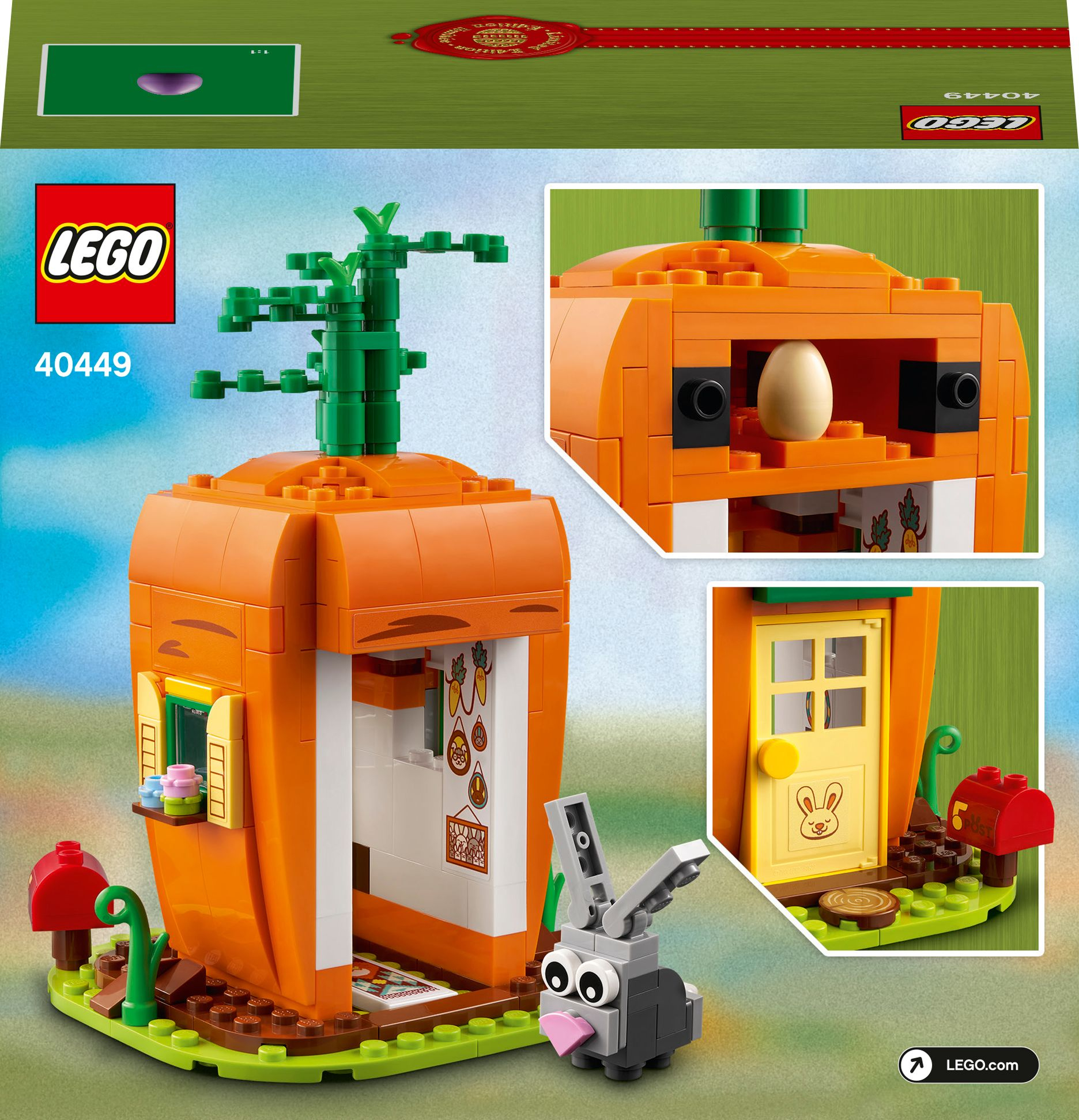 LEGO Osterset mit Karottenhaus, Hasen und Zubehör auf grüner Basis.