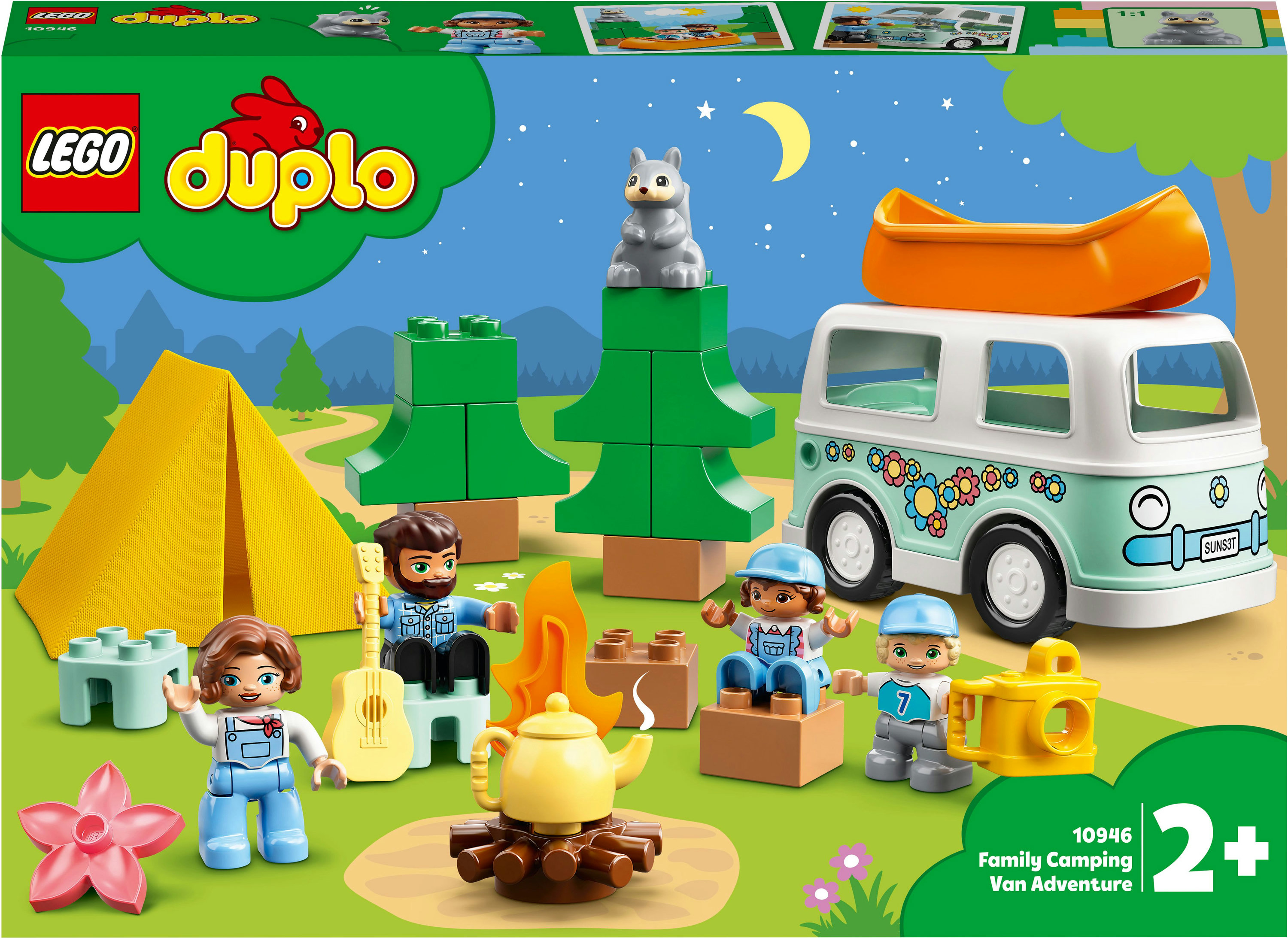Set Lego Duplo con un furgone, una tenda e personaggi in una scena di campeggio.