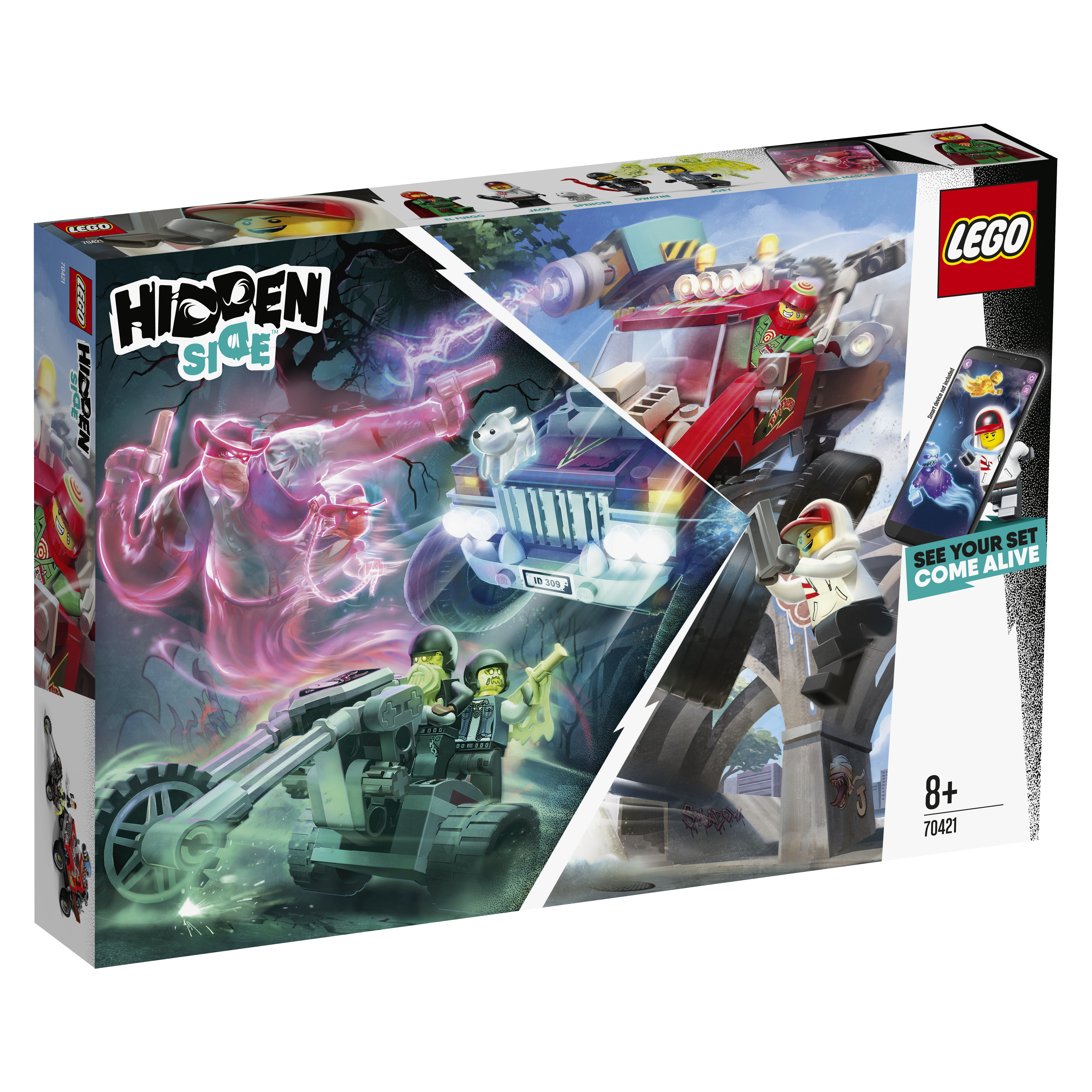Un set LEGO Hidden Side con una scena a tema fantasmi, una moto e un camion.