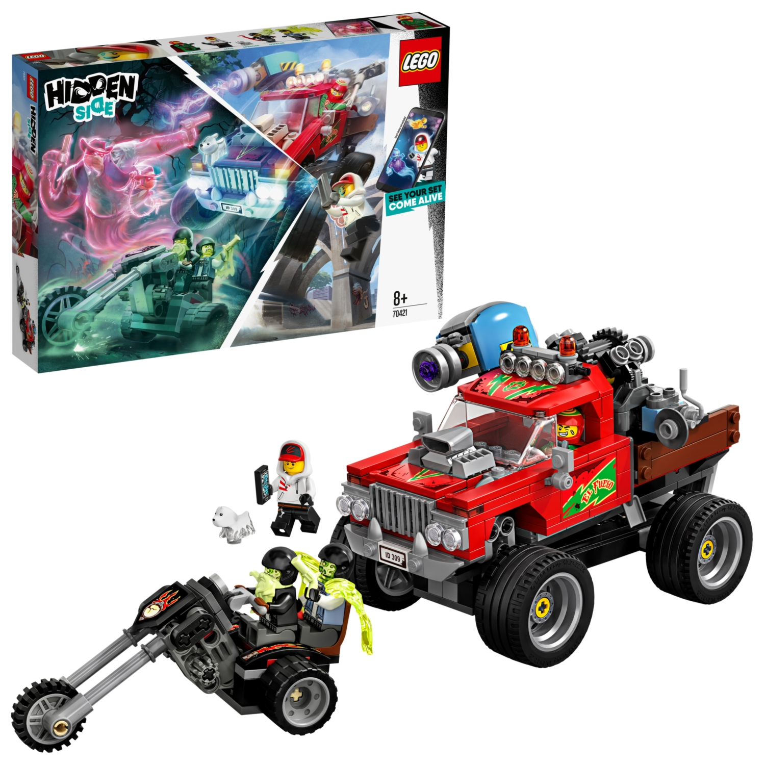 Una scatola Lego Hidden Side, con un camion rosso e una moto a tema fantasma con figure.