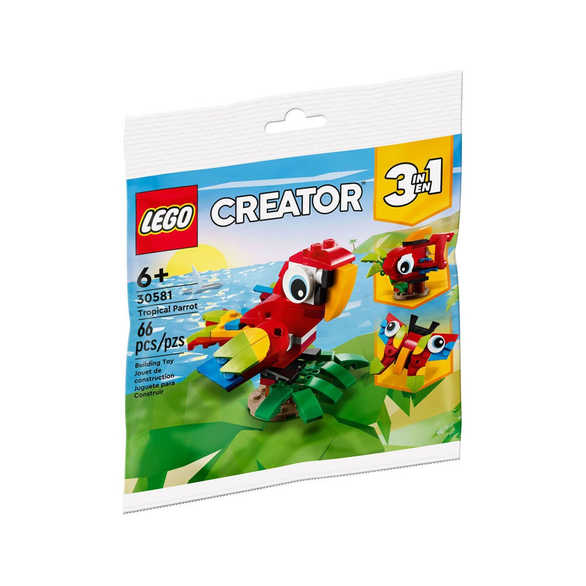 Un set LEGO Creator con un modello di pappagallo tropicale in un sacchetto.