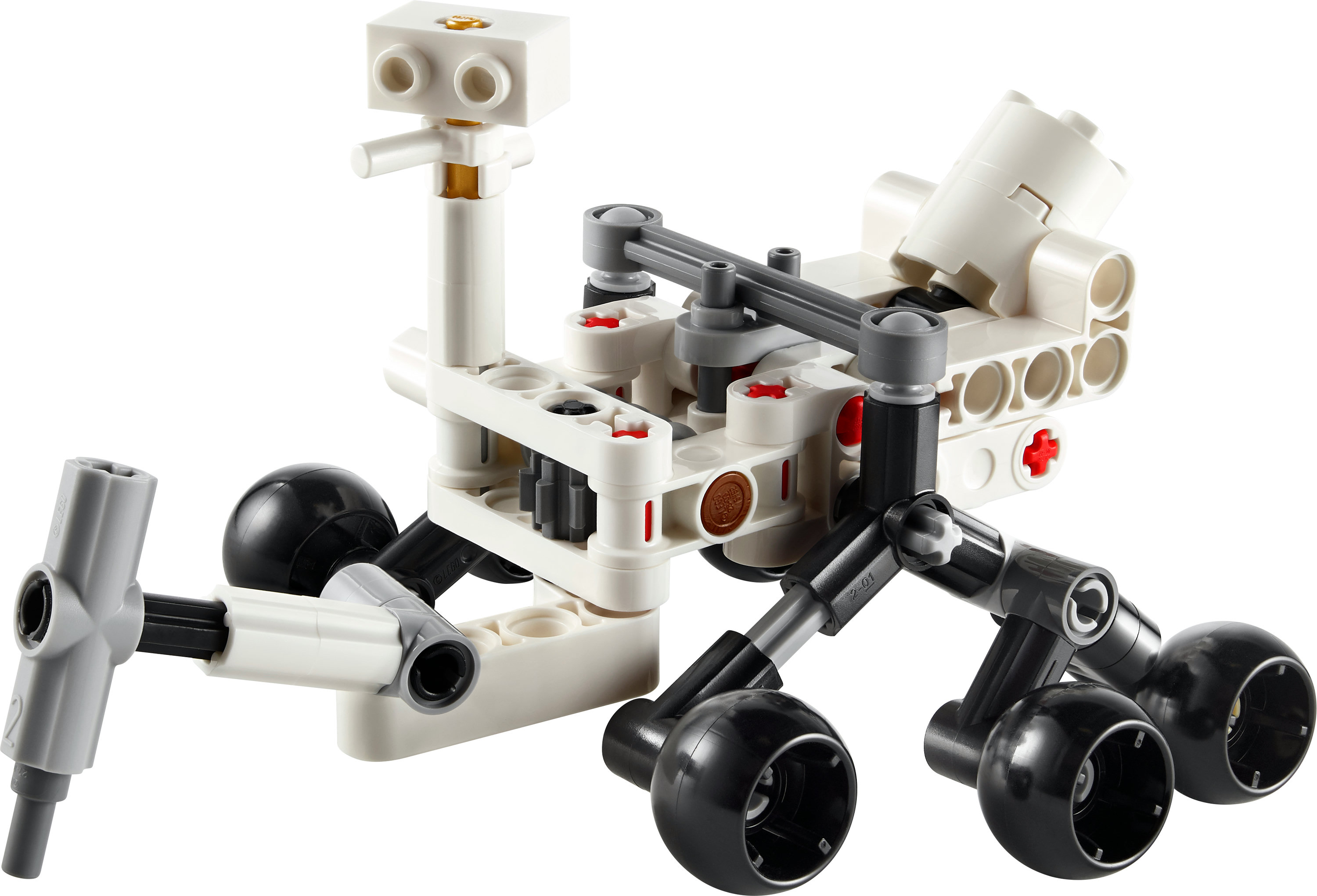 Lego-model van een witte rover met zwarte wielen en beweegbare armen.
