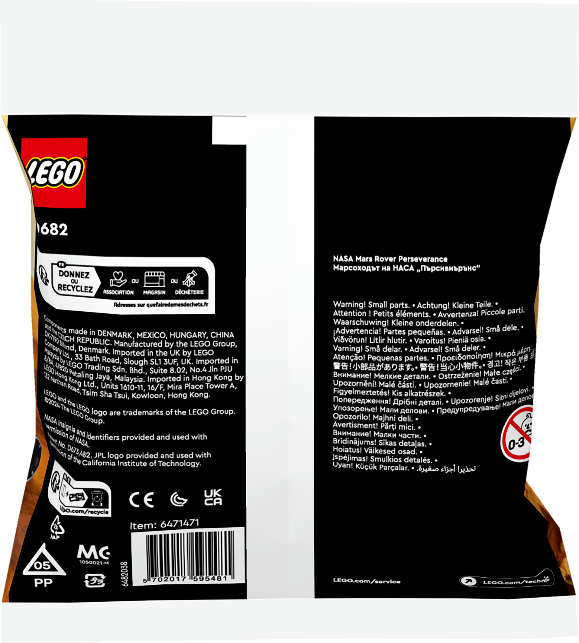 LEGO NASA Mars Rover verpakking. Bevat waarschuwingen en recycling informatie. Witte achtergrond.