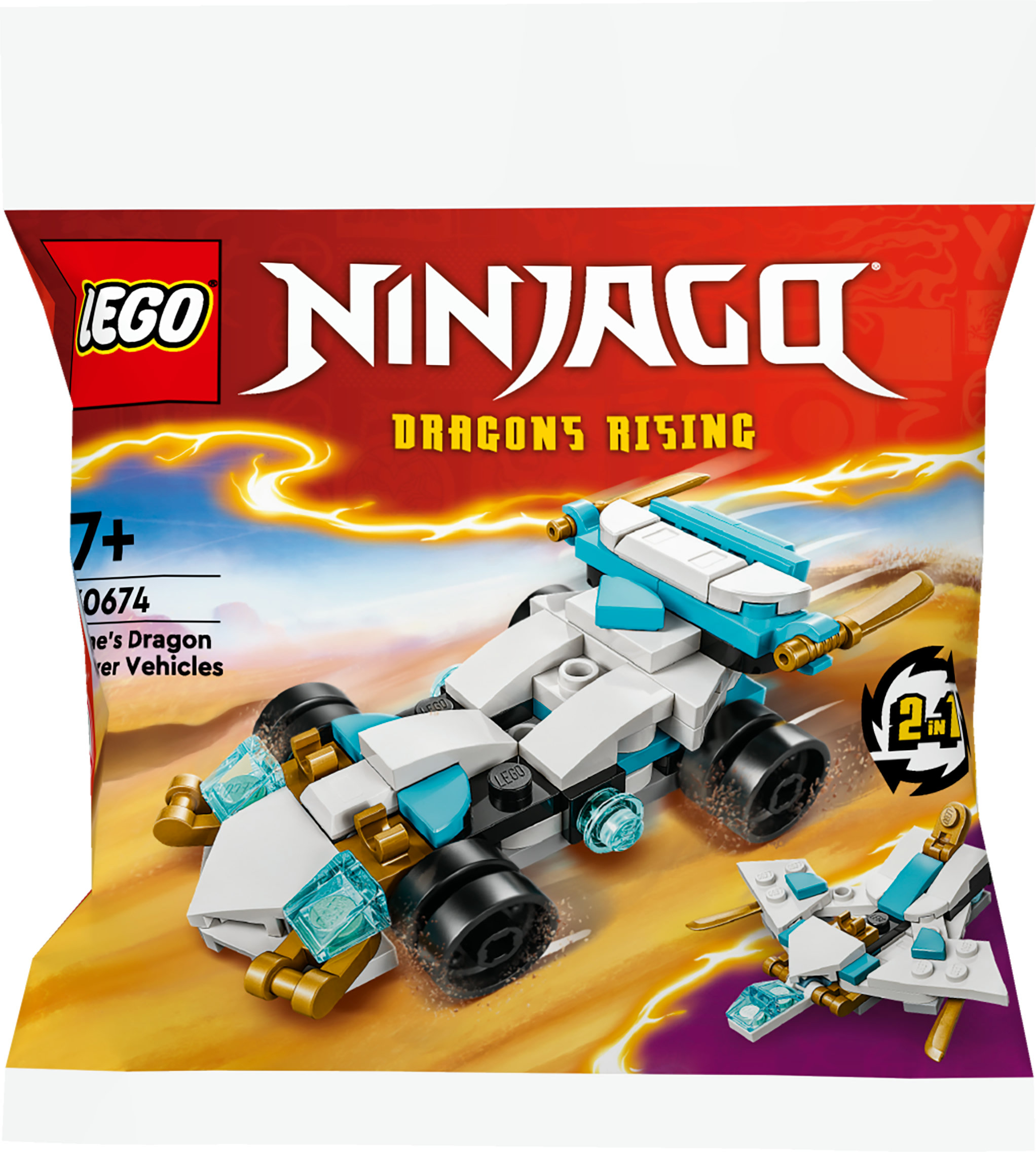 LEGO Ninjago set: Wit en blauw auto-achtig voertuig met een flyer. Set zak toont het ontwerp.