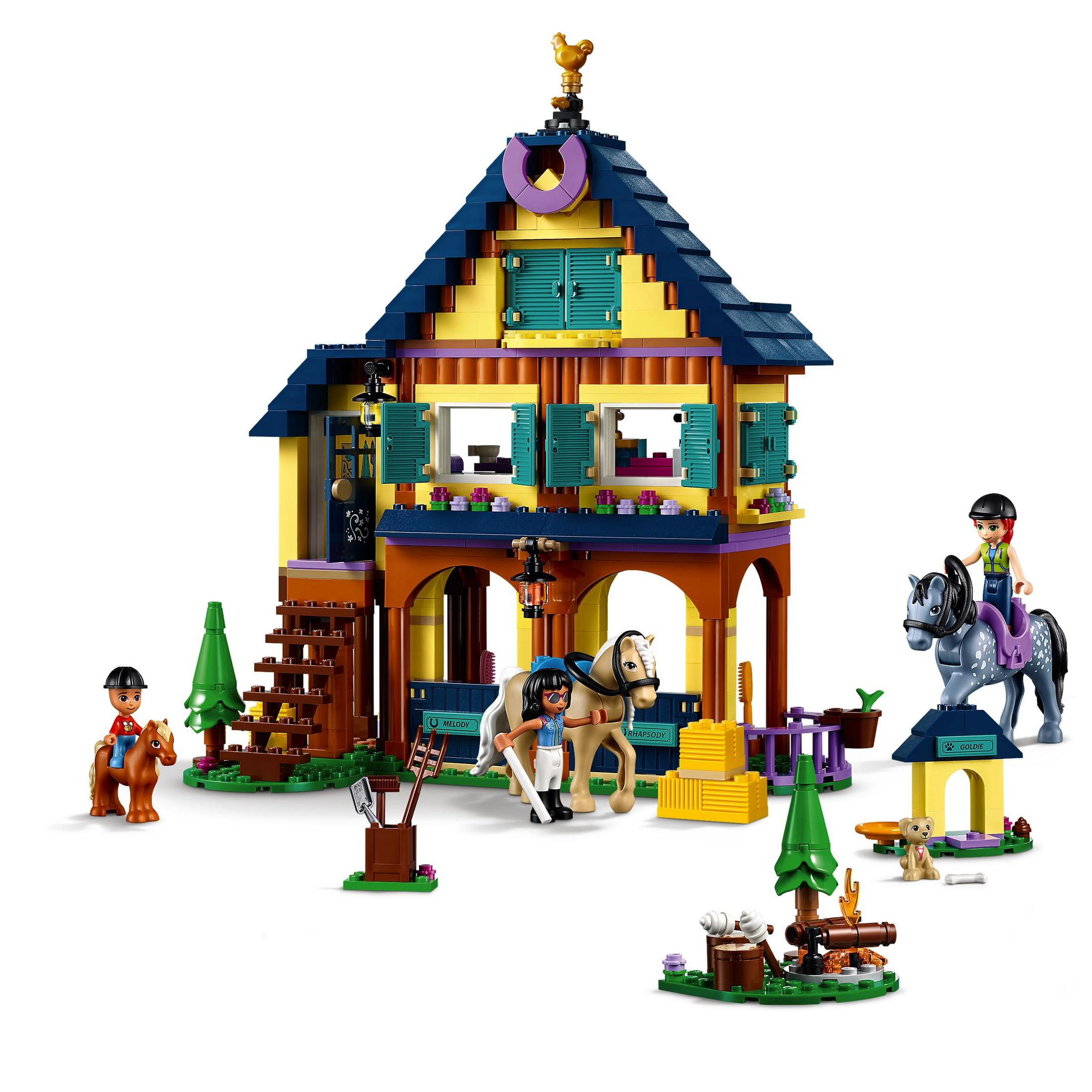 Zestaw Lego Friends. Scena ze stajnią i domem z postaciami i końmi. Wiele akcesoriów.