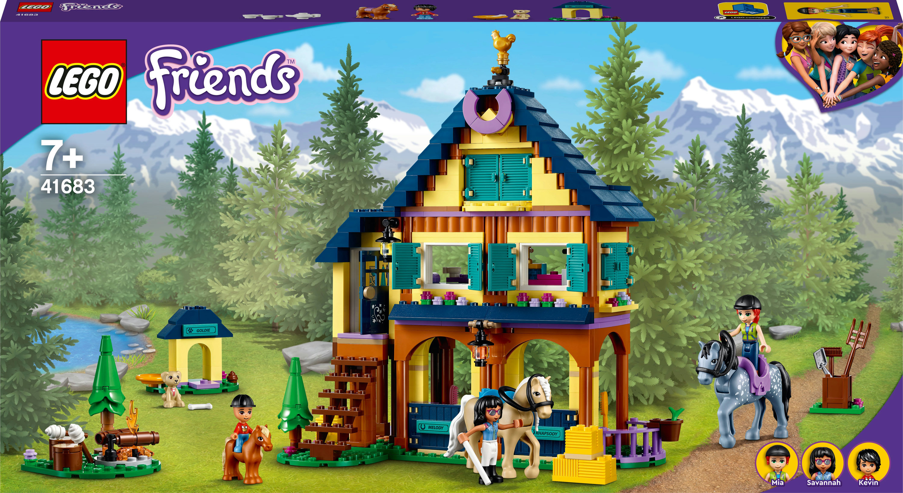 Zestaw Lego Friends: dwupiętrowy dom z figurkami, końmi i leśnym tłem.