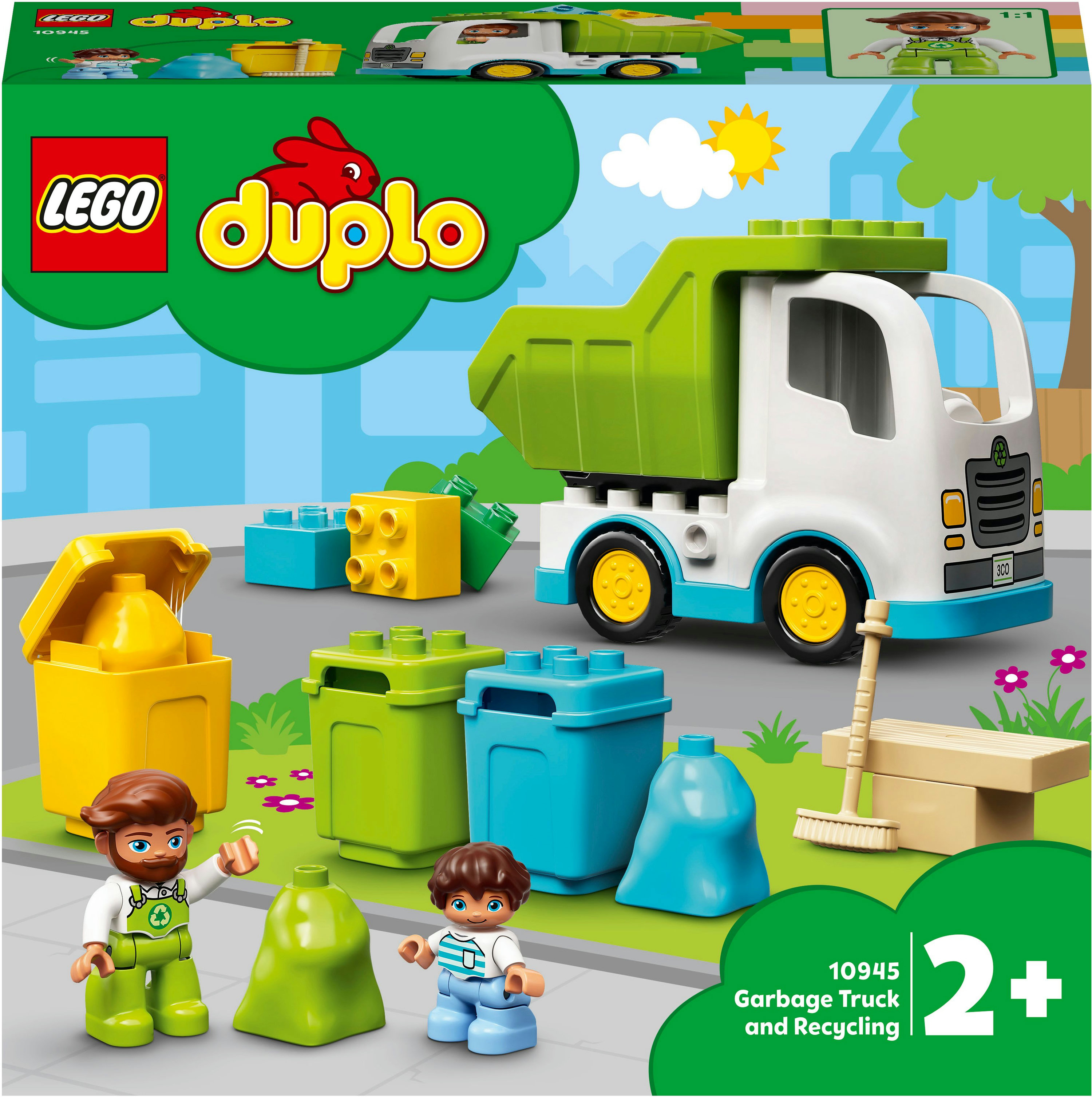 Set Lego Duplo con camión de basura, figuras y botes de basura. Colores brillantes, incluye una escoba.